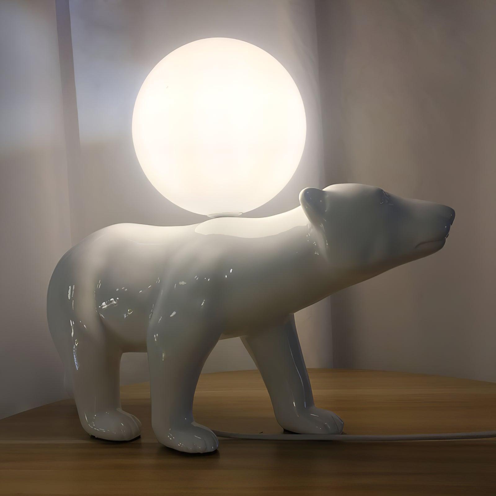 Modern Resin Polar Bear Table Lamp with Glass Globe for Bedroom and Nursery Lighting