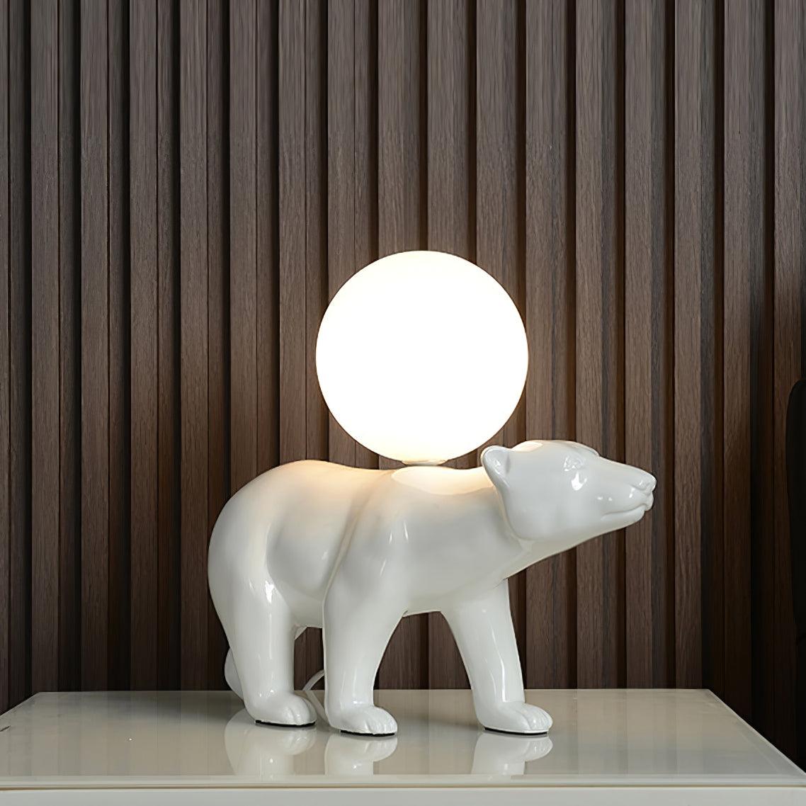Modern Resin Polar Bear Table Lamp with Glass Globe for Bedroom and Nursery Lighting