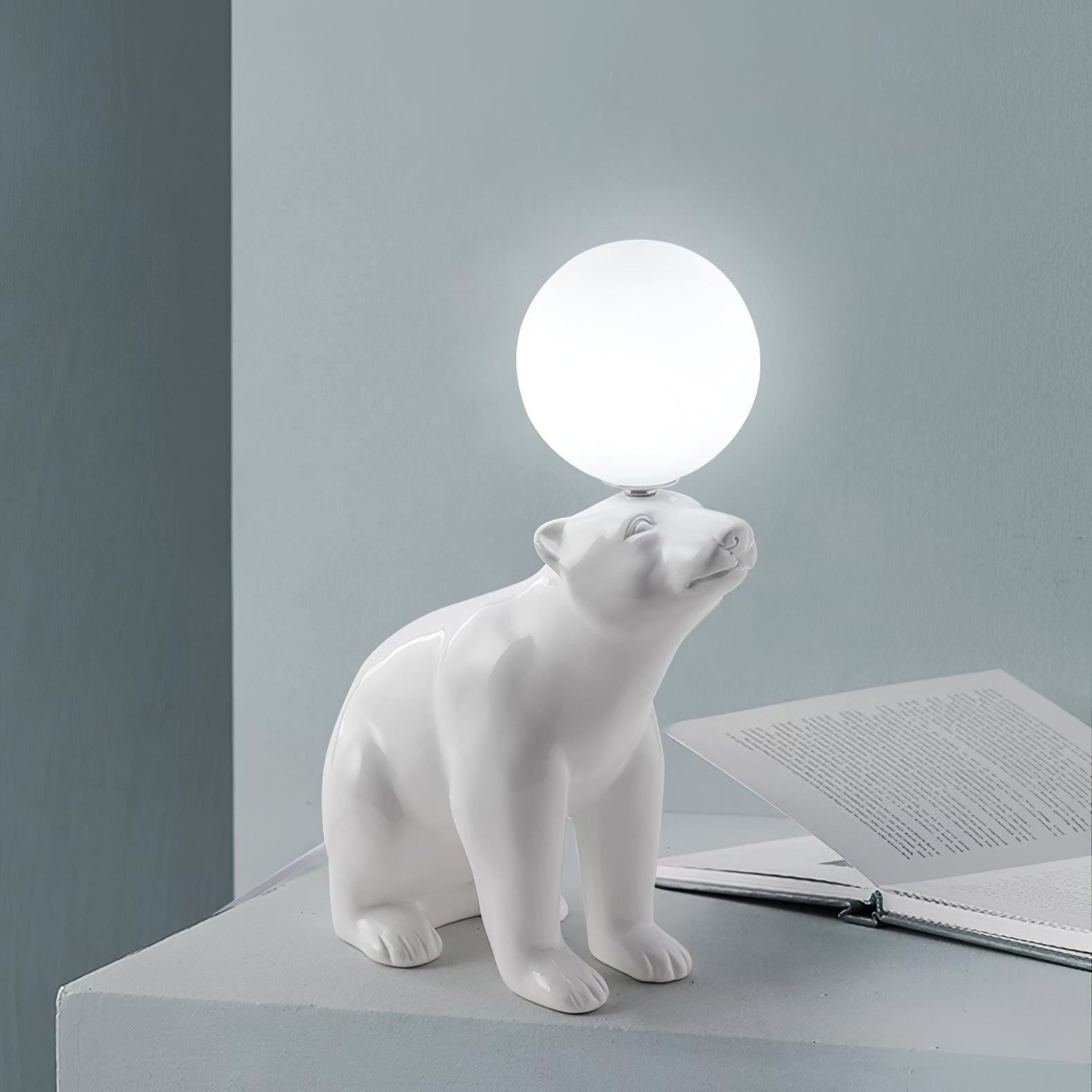 Modern Resin Polar Bear Table Lamp with Glass Globe for Bedroom and Nursery Lighting