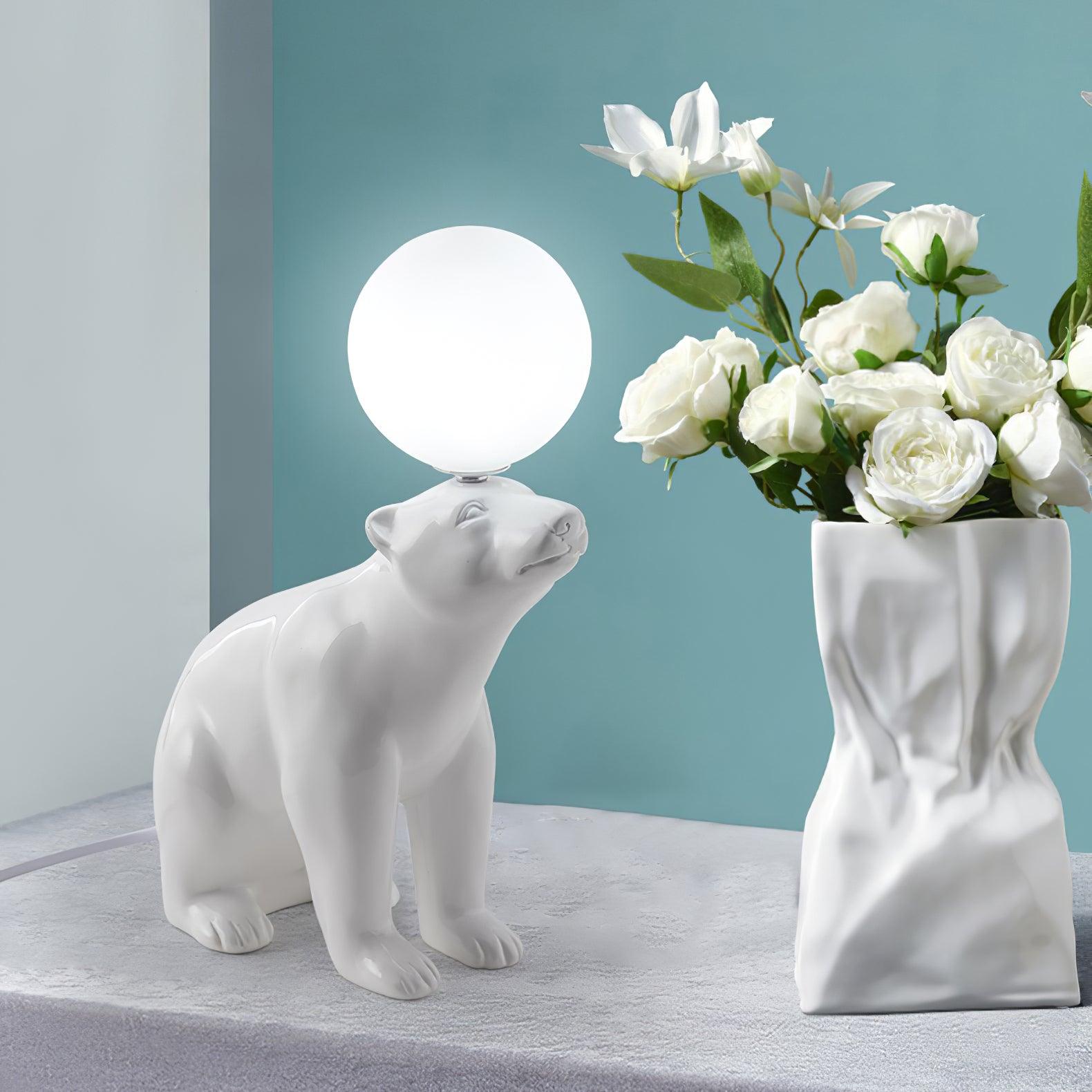 Modern Resin Polar Bear Table Lamp with Glass Globe for Bedroom and Nursery Lighting