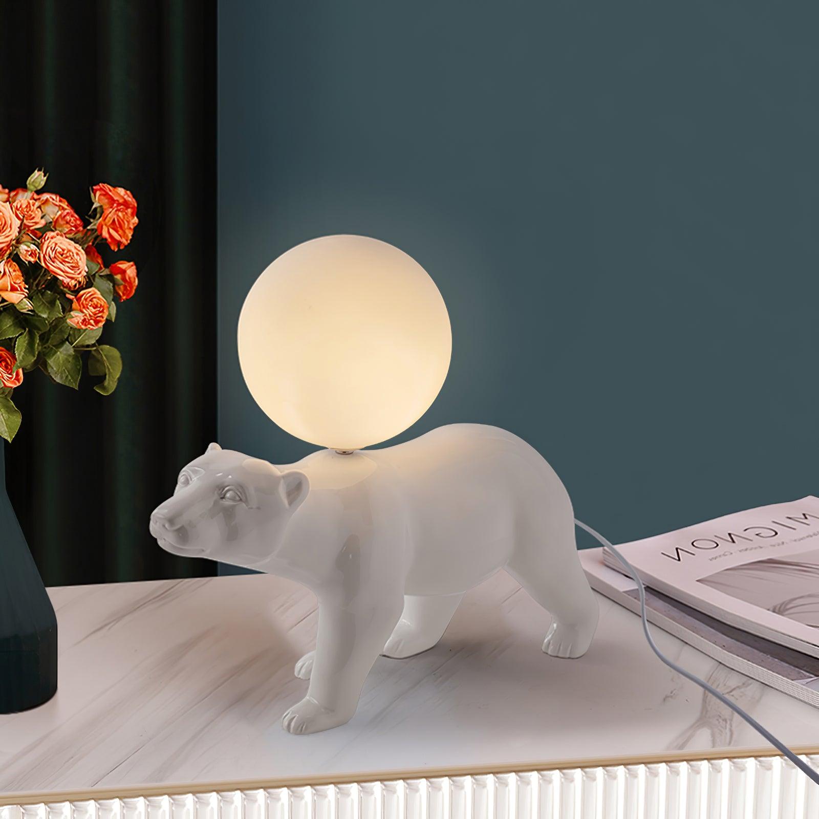 Modern Resin Polar Bear Table Lamp with Glass Globe for Bedroom and Nursery Lighting