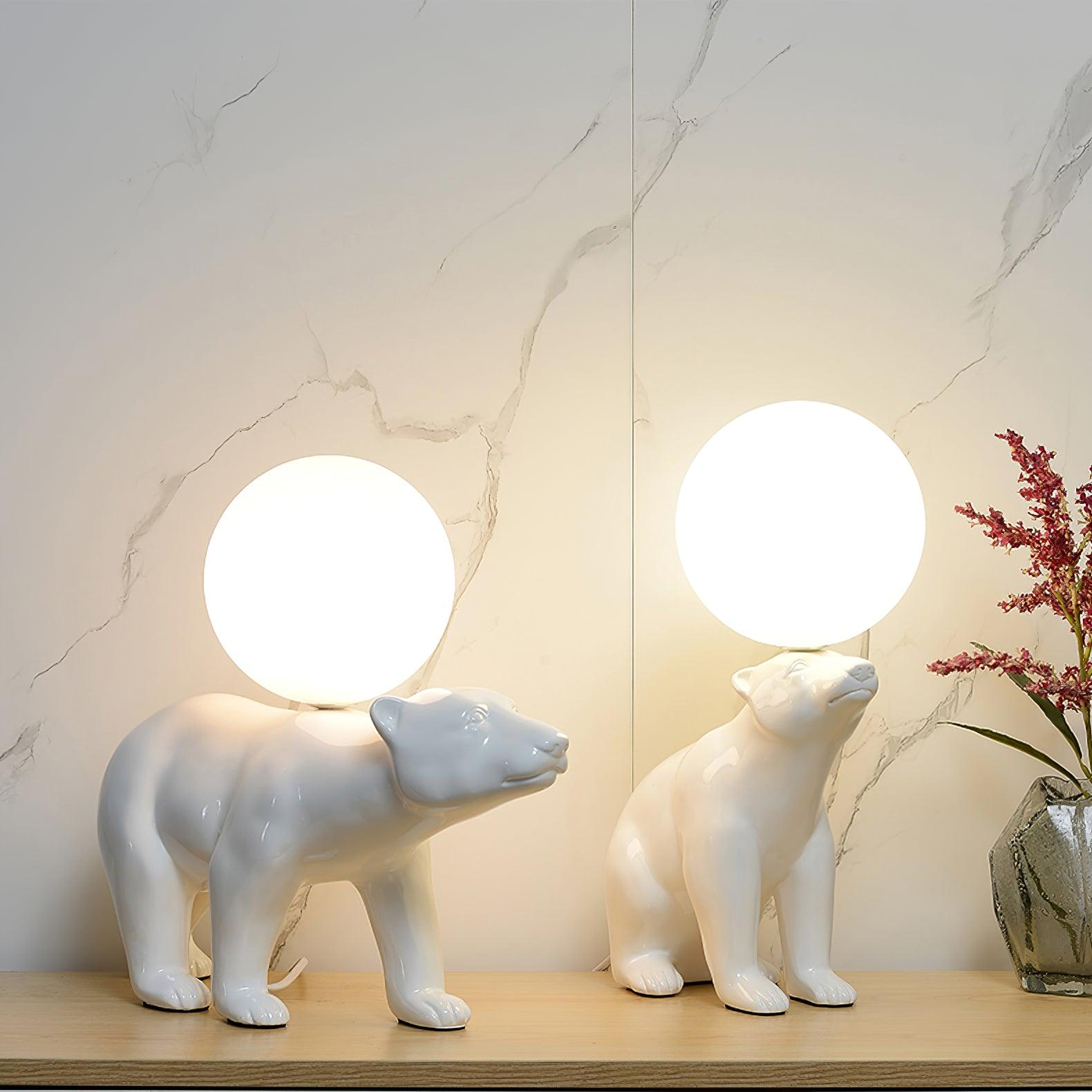 Modern Resin Polar Bear Table Lamp with Glass Globe for Bedroom and Nursery Lighting