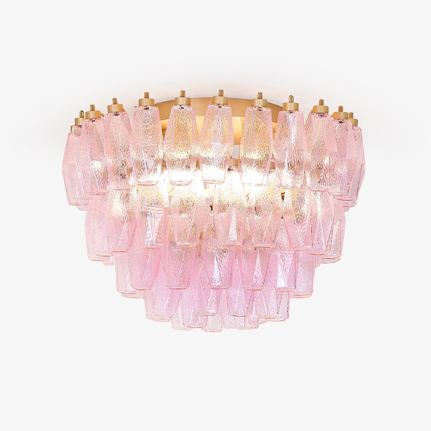Pink Murano Glass Poliedri Geometric Flush Mount Ceiling Light with Gold Finish and LED Compatibility