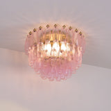 Pink Murano Glass Poliedri Geometric Flush Mount Ceiling Light with Gold Finish and LED Compatibility