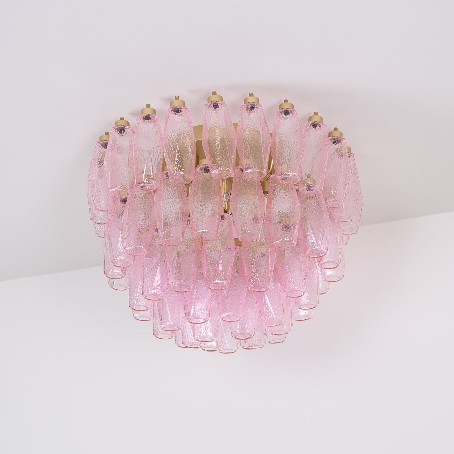 Pink Murano Glass Poliedri Geometric Flush Mount Ceiling Light with Gold Finish and LED Compatibility