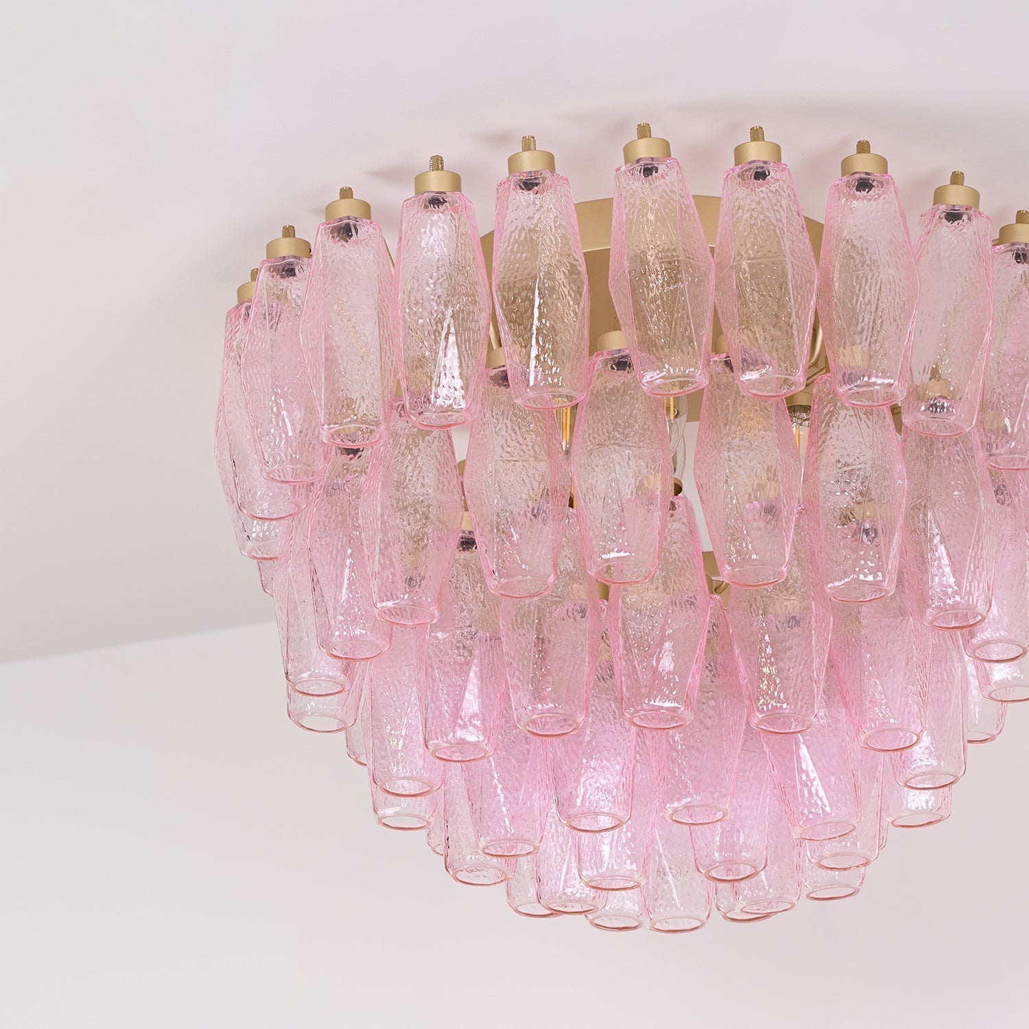 Pink Murano Glass Poliedri Geometric Flush Mount Ceiling Light with Gold Finish and LED Compatibility