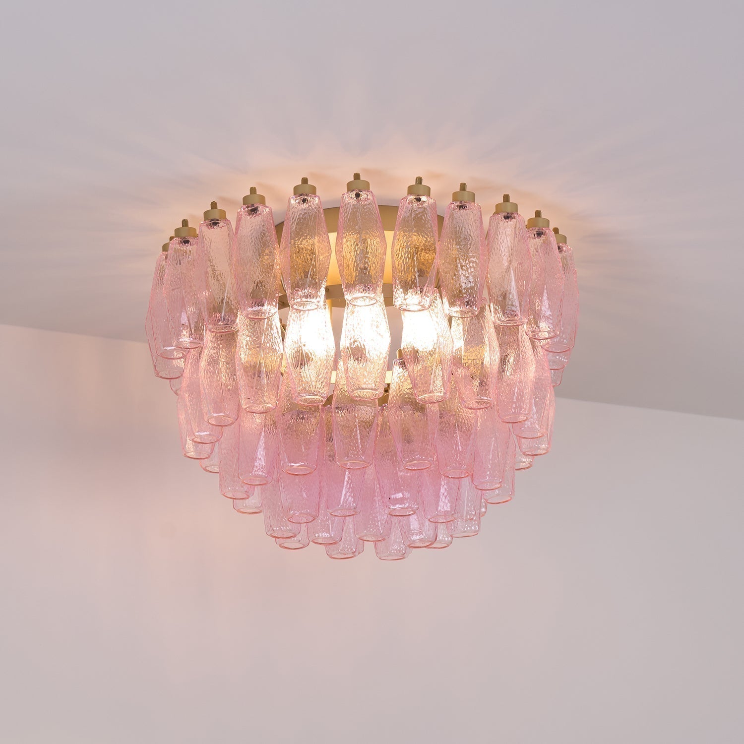 Pink Murano Glass Poliedri Geometric Flush Mount Ceiling Light with Gold Finish and LED Compatibility