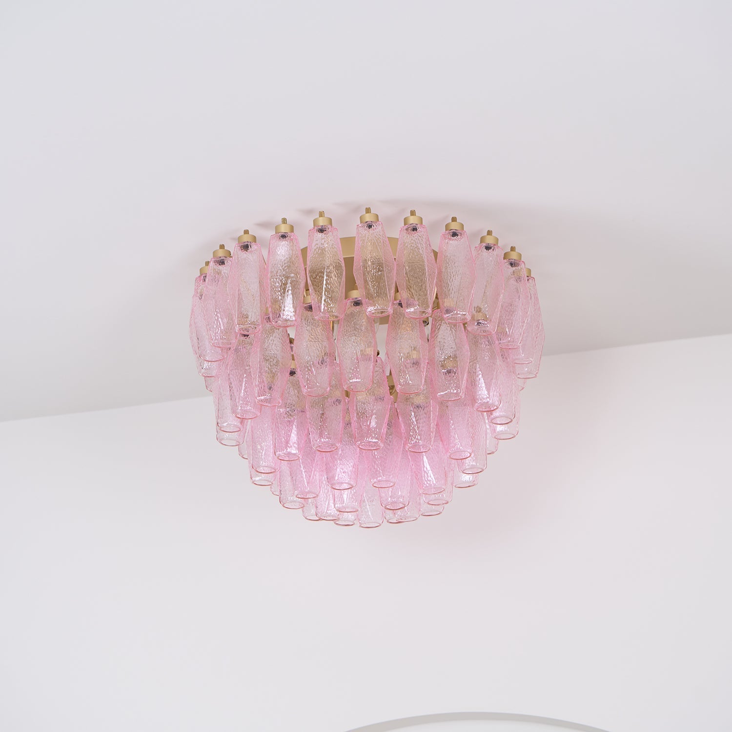 Pink Murano Glass Poliedri Geometric Flush Mount Ceiling Light with Gold Finish and LED Compatibility