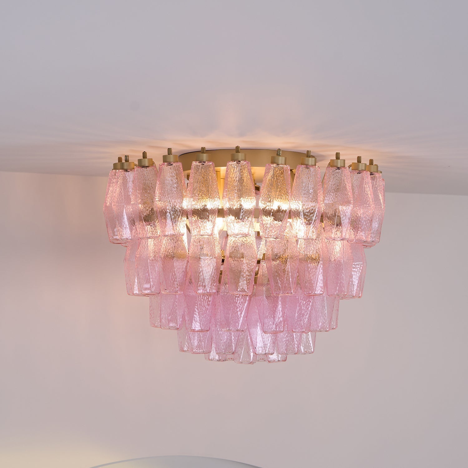 Pink Murano Glass Poliedri Geometric Flush Mount Ceiling Light with Gold Finish and LED Compatibility
