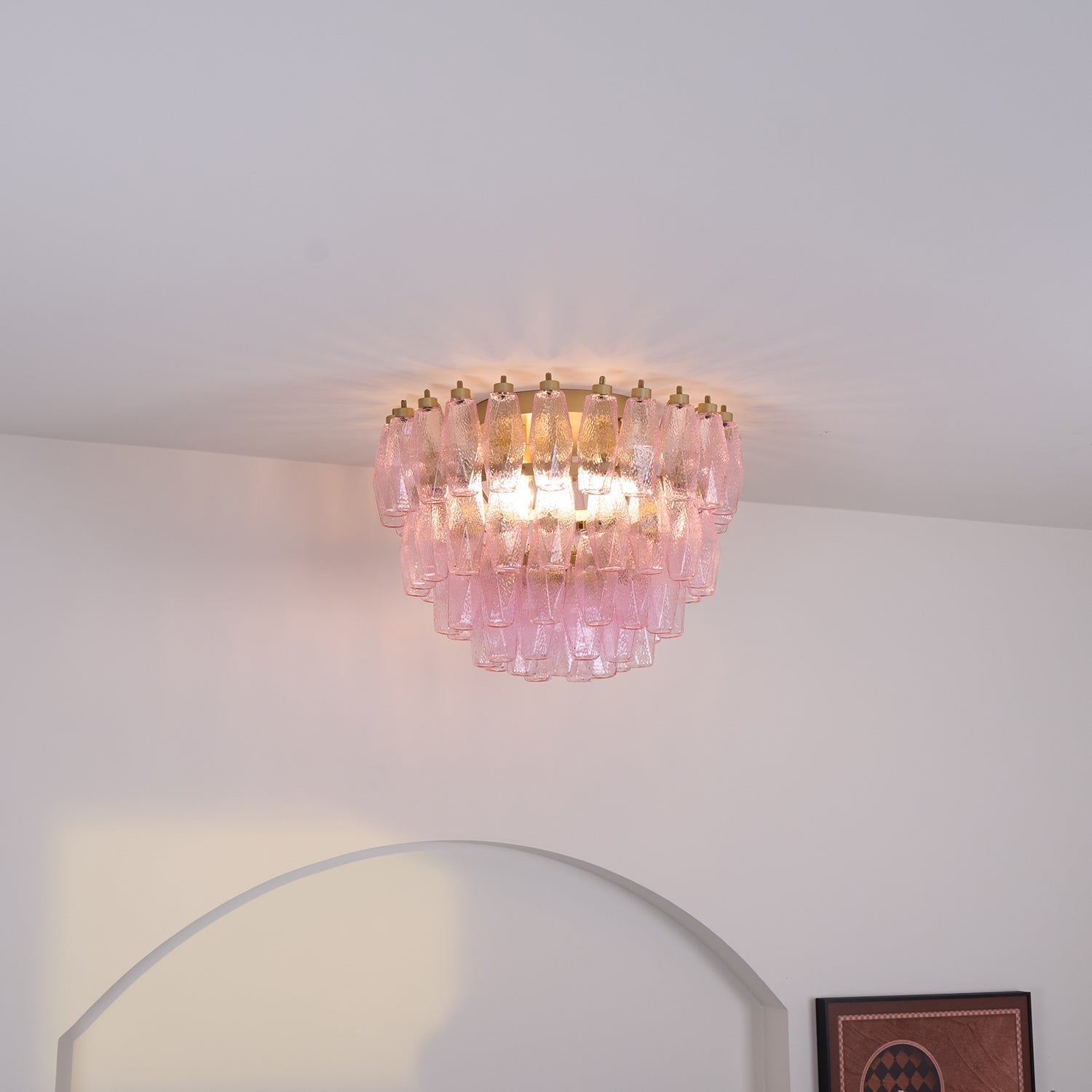 Pink Murano Glass Poliedri Geometric Flush Mount Ceiling Light with Gold Finish and LED Compatibility