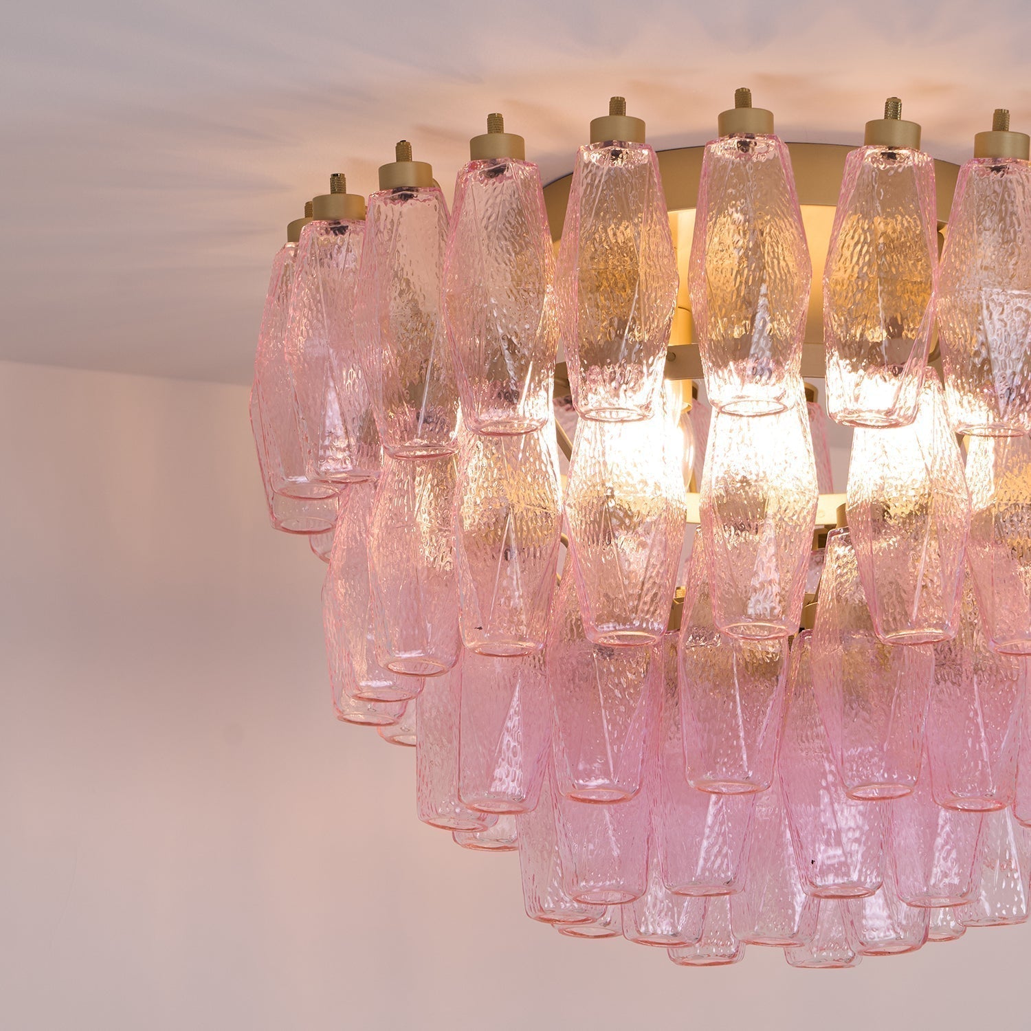 Pink Murano Glass Poliedri Geometric Flush Mount Ceiling Light with Gold Finish and LED Compatibility