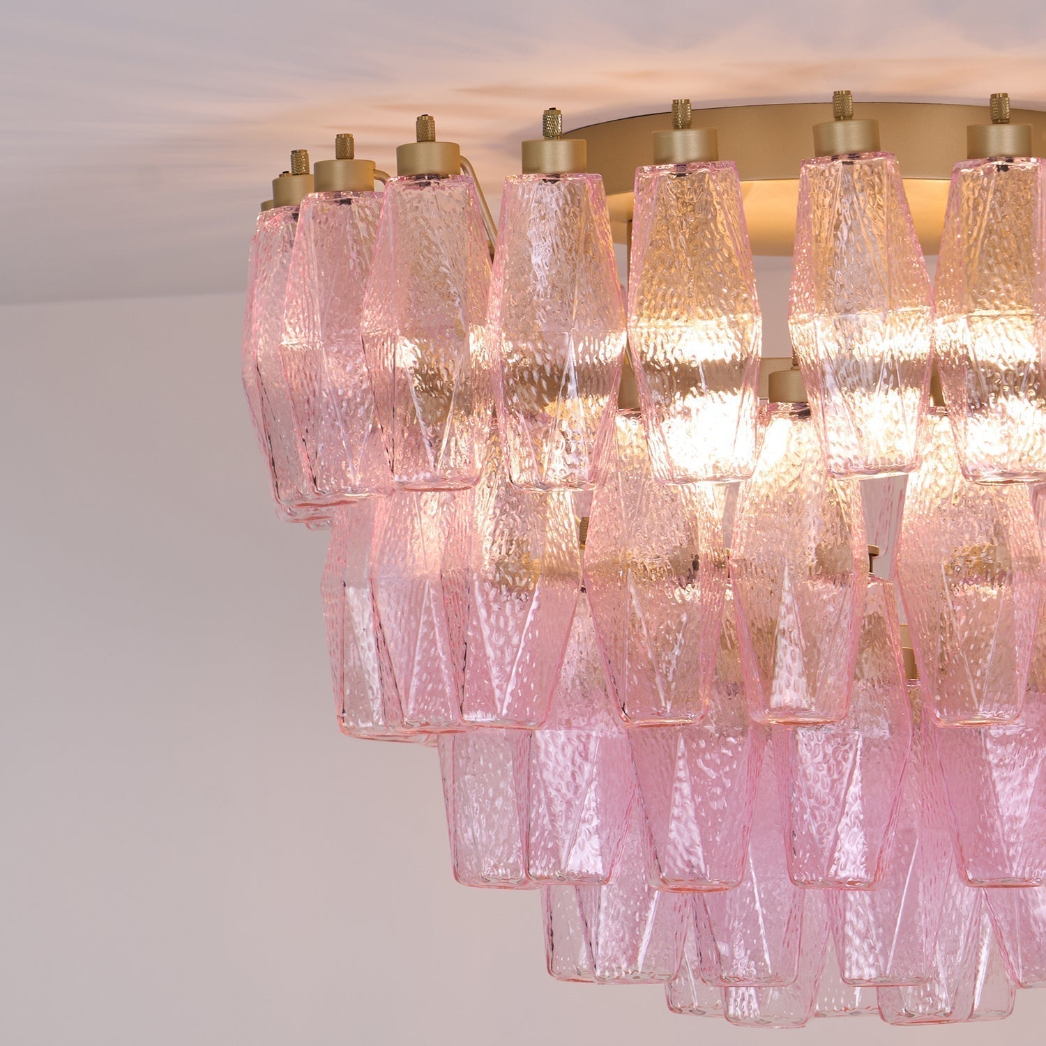 Pink Murano Glass Poliedri Geometric Flush Mount Ceiling Light with Gold Finish and LED Compatibility