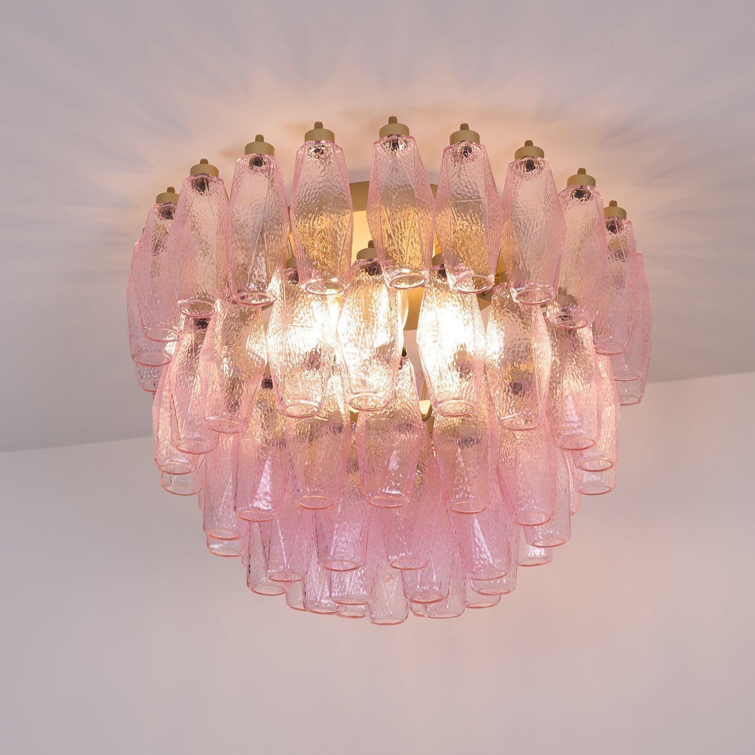 Pink Murano Glass Poliedri Geometric Flush Mount Ceiling Light with Gold Finish and LED Compatibility