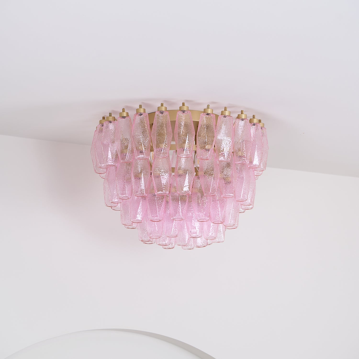 Pink Murano Glass Poliedri Geometric Flush Mount Ceiling Light with Gold Finish and LED Compatibility