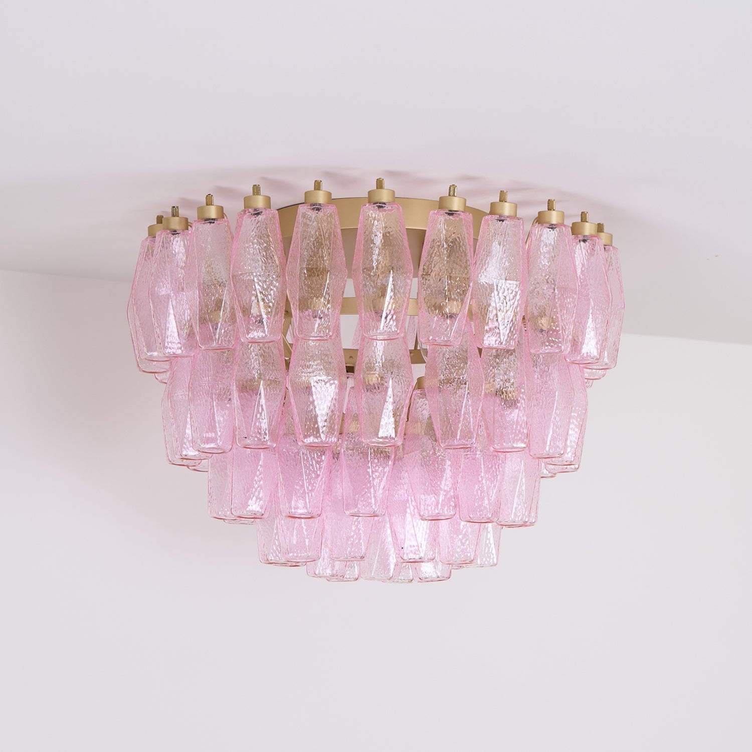 Pink Murano Glass Poliedri Geometric Flush Mount Ceiling Light with Gold Finish and LED Compatibility