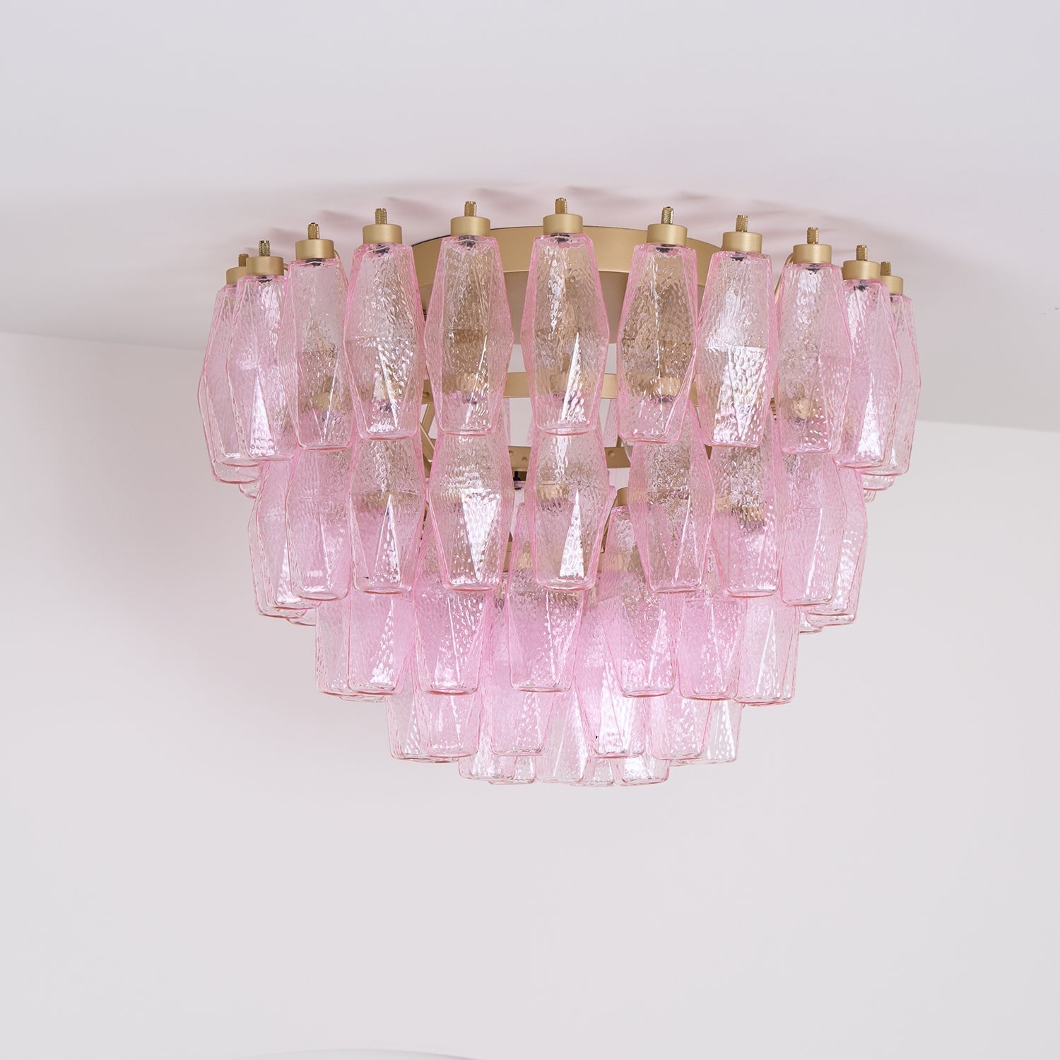 Pink Murano Glass Poliedri Geometric Flush Mount Ceiling Light with Gold Finish and LED Compatibility
