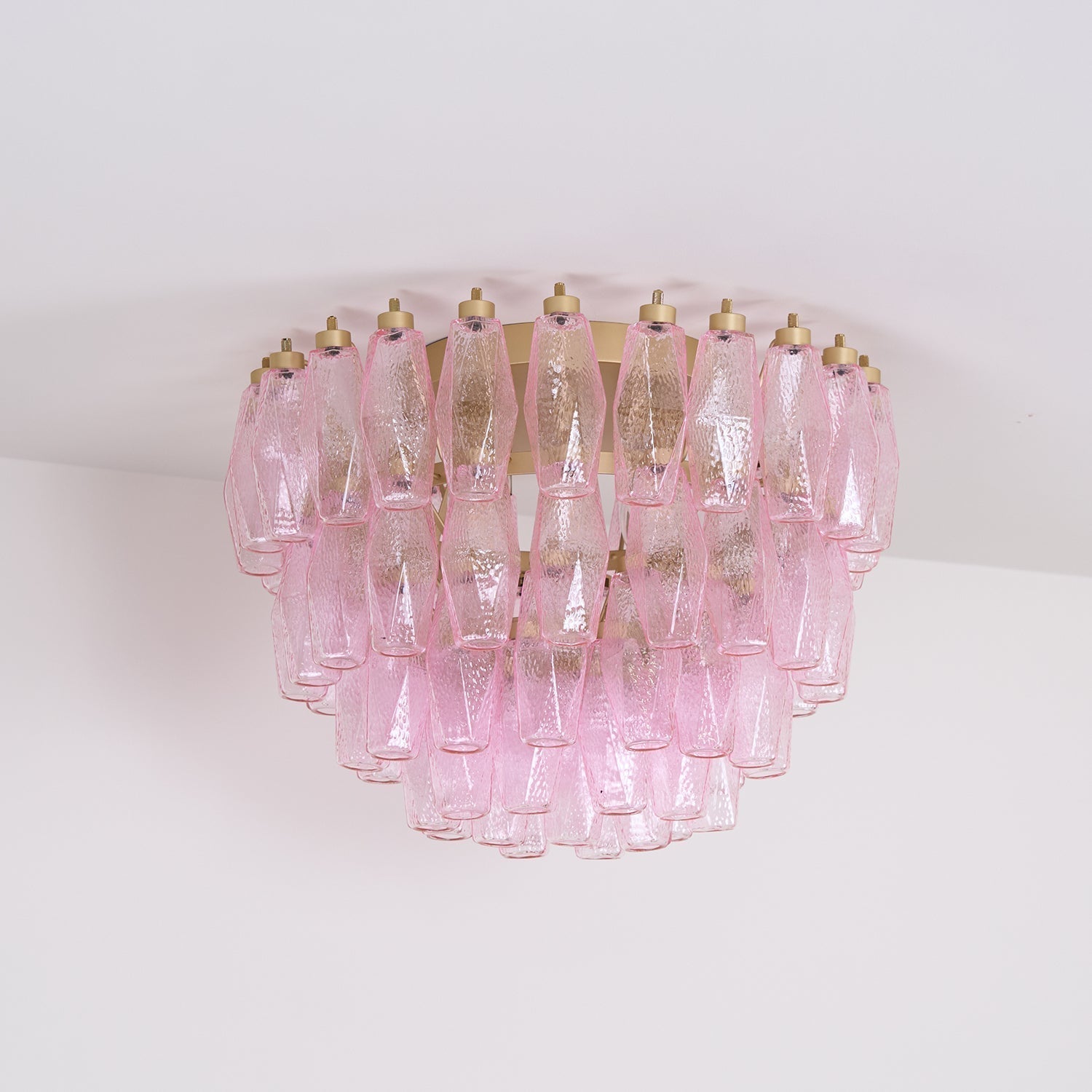 Pink Murano Glass Poliedri Geometric Flush Mount Ceiling Light with Gold Finish and LED Compatibility
