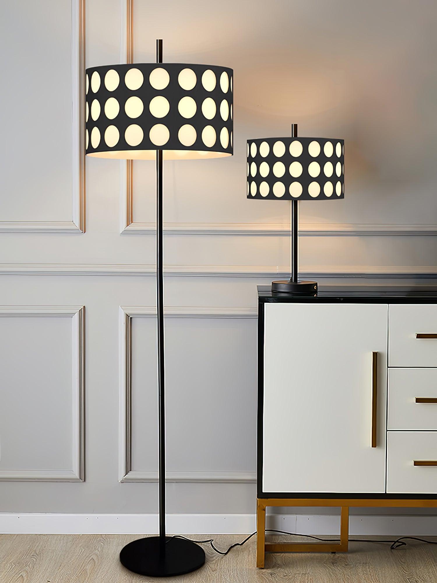 Modern Arc Floor Lamp with Black and White Polka Dot Fabric Shade for Living Room