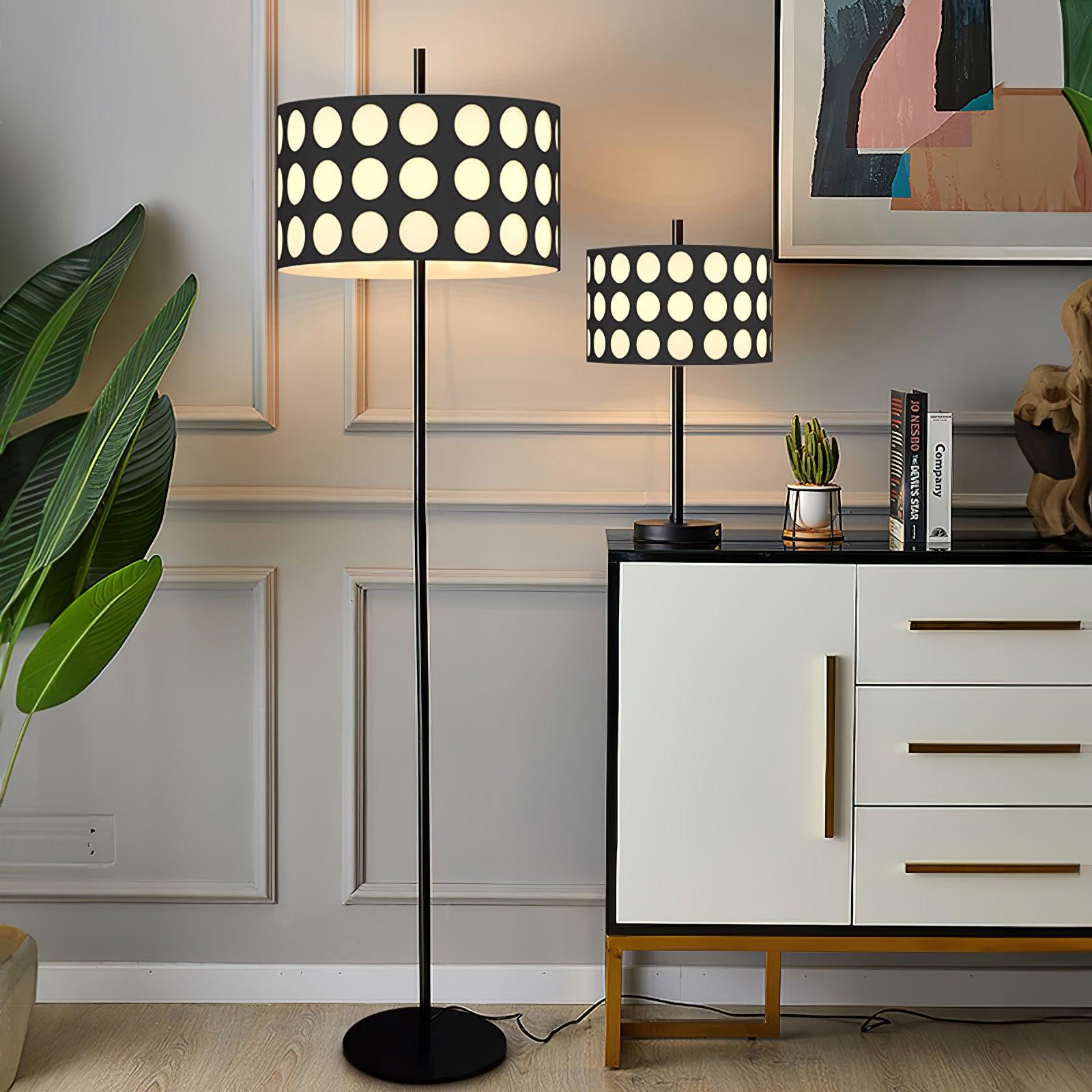 Modern Arc Floor Lamp with Black and White Polka Dot Fabric Shade for Living Room
