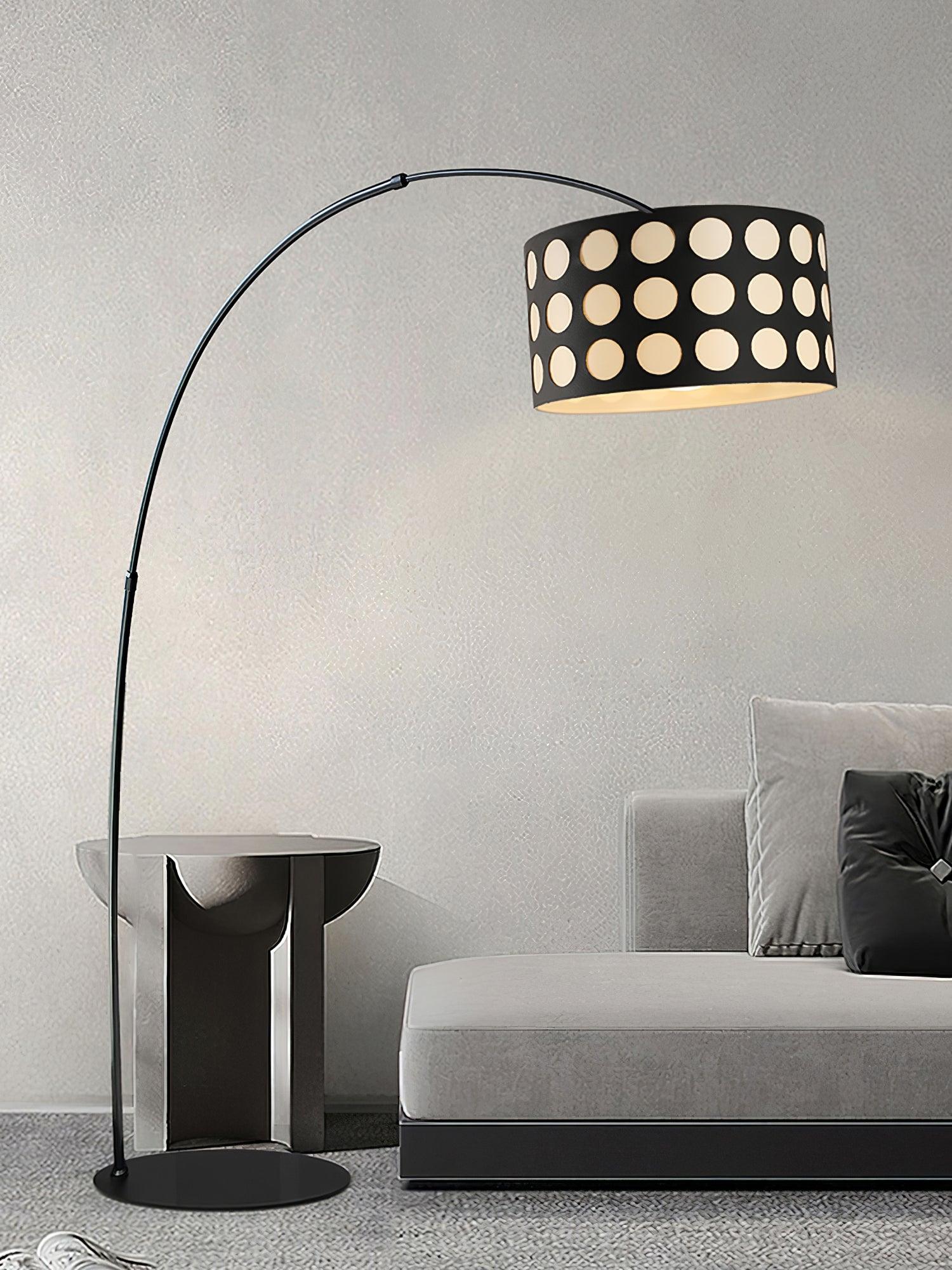 Modern Arc Floor Lamp with Black and White Polka Dot Fabric Shade for Living Room