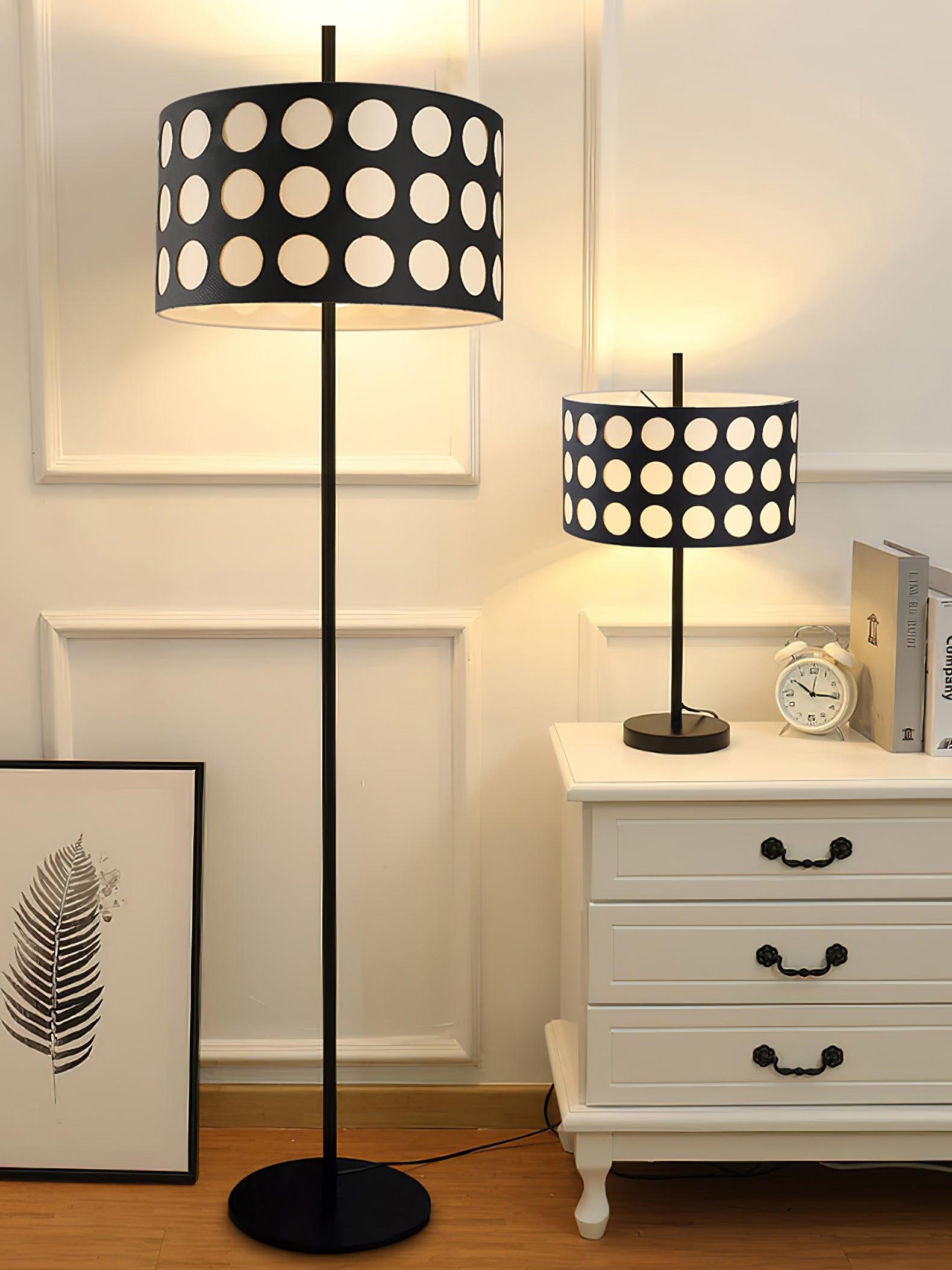 Modern Arc Floor Lamp with Black and White Polka Dot Fabric Shade for Living Room