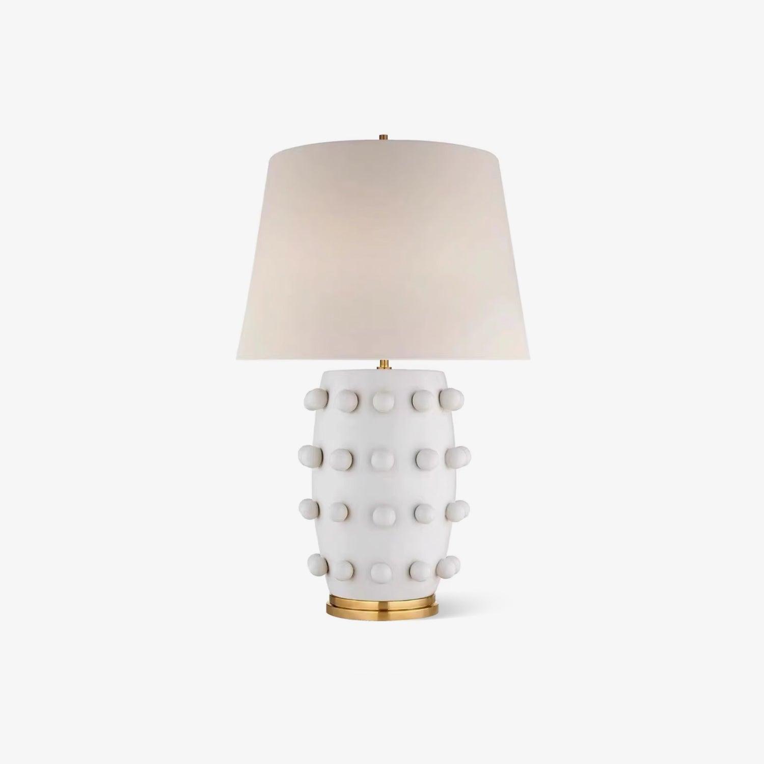 Elegant White Polka Dot Porcelain Table Lamp with Fabric Shade and Brass Base