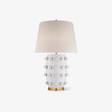 Elegant White Polka Dot Porcelain Table Lamp with Fabric Shade and Brass Base