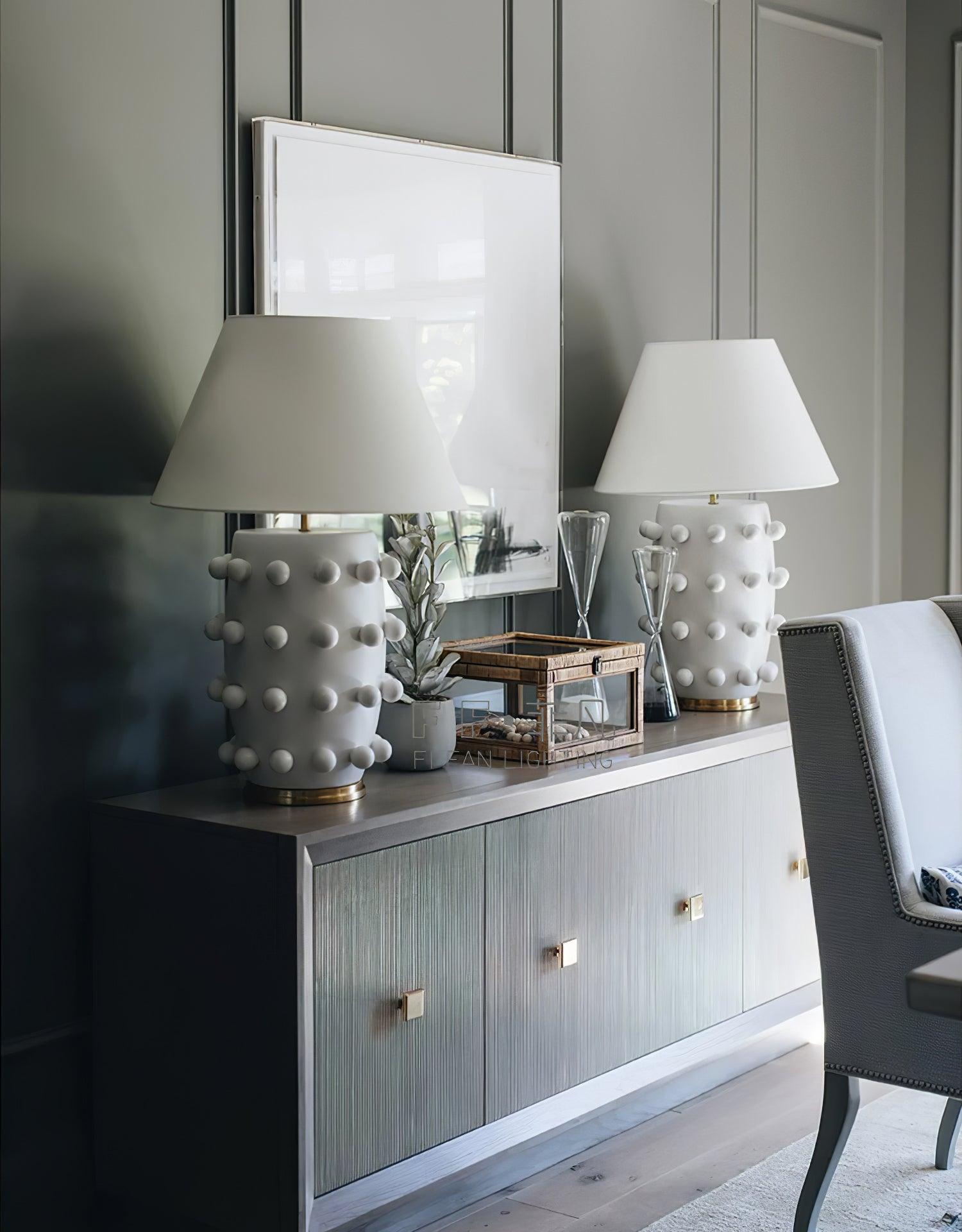 Elegant White Polka Dot Porcelain Table Lamp with Fabric Shade and Brass Base