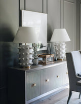 Elegant White Polka Dot Porcelain Table Lamp with Fabric Shade and Brass Base