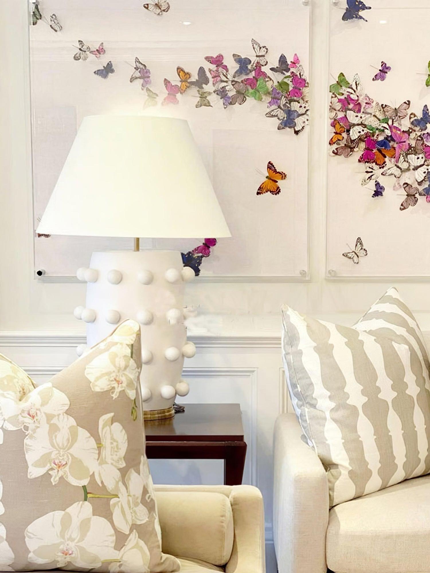 Elegant White Polka Dot Porcelain Table Lamp with Fabric Shade and Brass Base