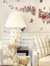 Elegant White Polka Dot Porcelain Table Lamp with Fabric Shade and Brass Base