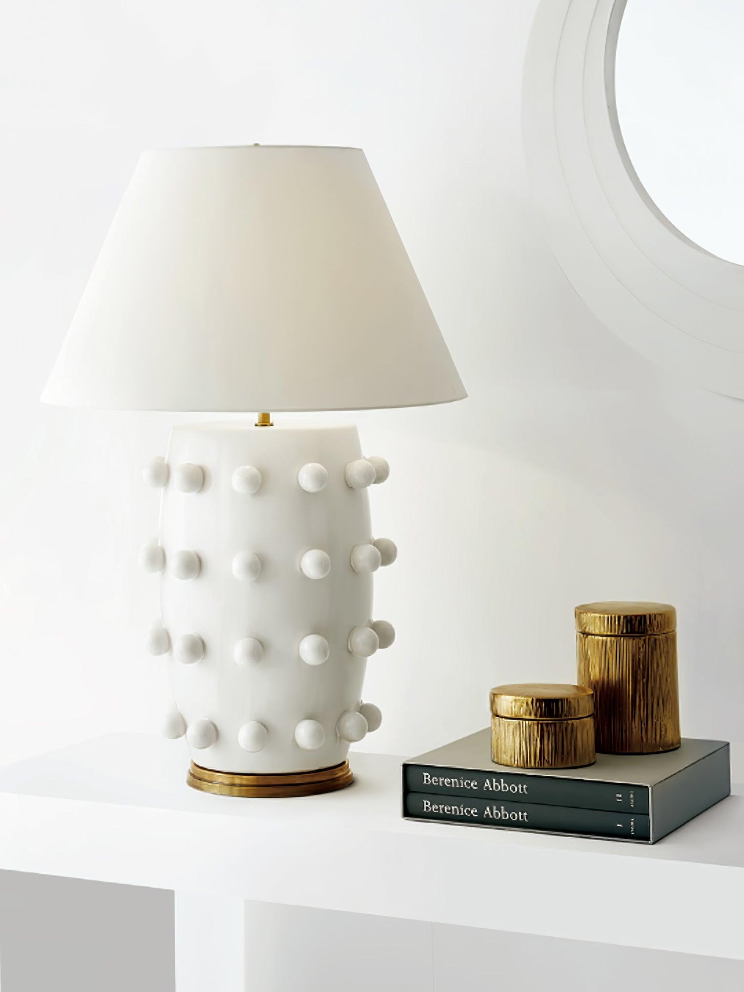Elegant White Polka Dot Porcelain Table Lamp with Fabric Shade and Brass Base