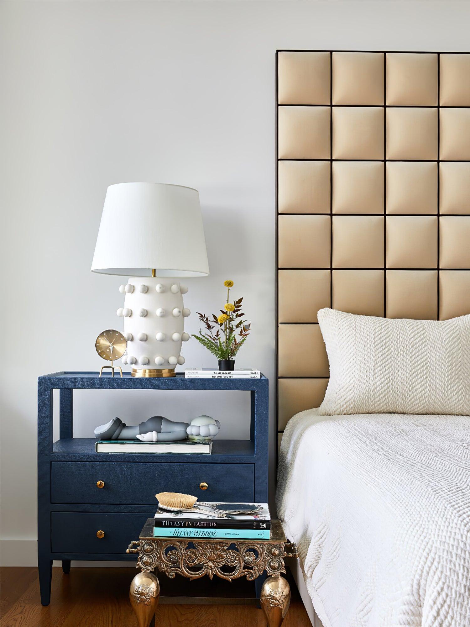 Elegant White Polka Dot Porcelain Table Lamp with Fabric Shade and Brass Base