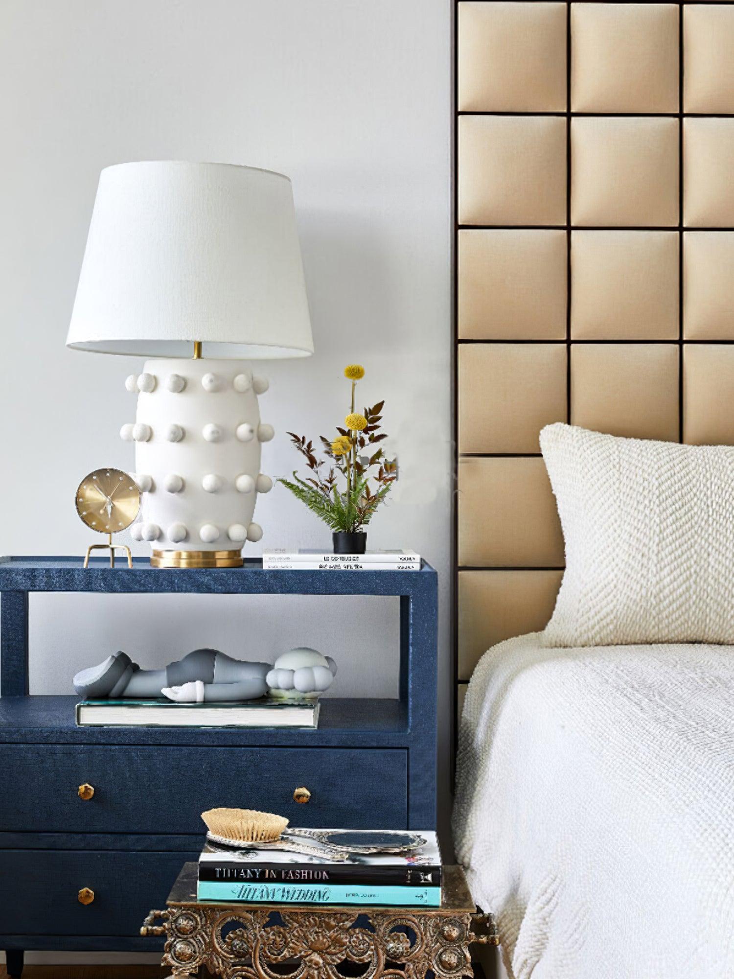 Elegant White Polka Dot Porcelain Table Lamp with Fabric Shade and Brass Base