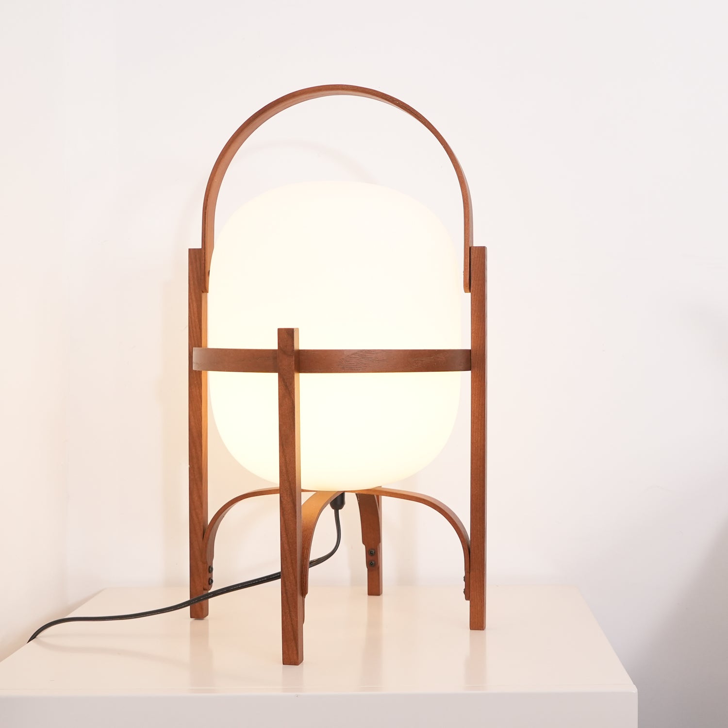 Modern Portable Glass Lantern Table Lamp with Wood Handle and Glass Shade for Ambient Lighting