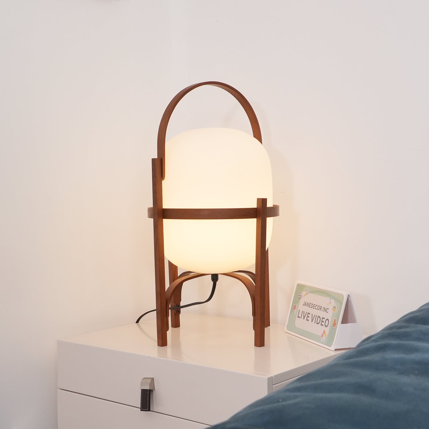 Modern Portable Glass Lantern Table Lamp with Wood Handle and Glass Shade for Ambient Lighting