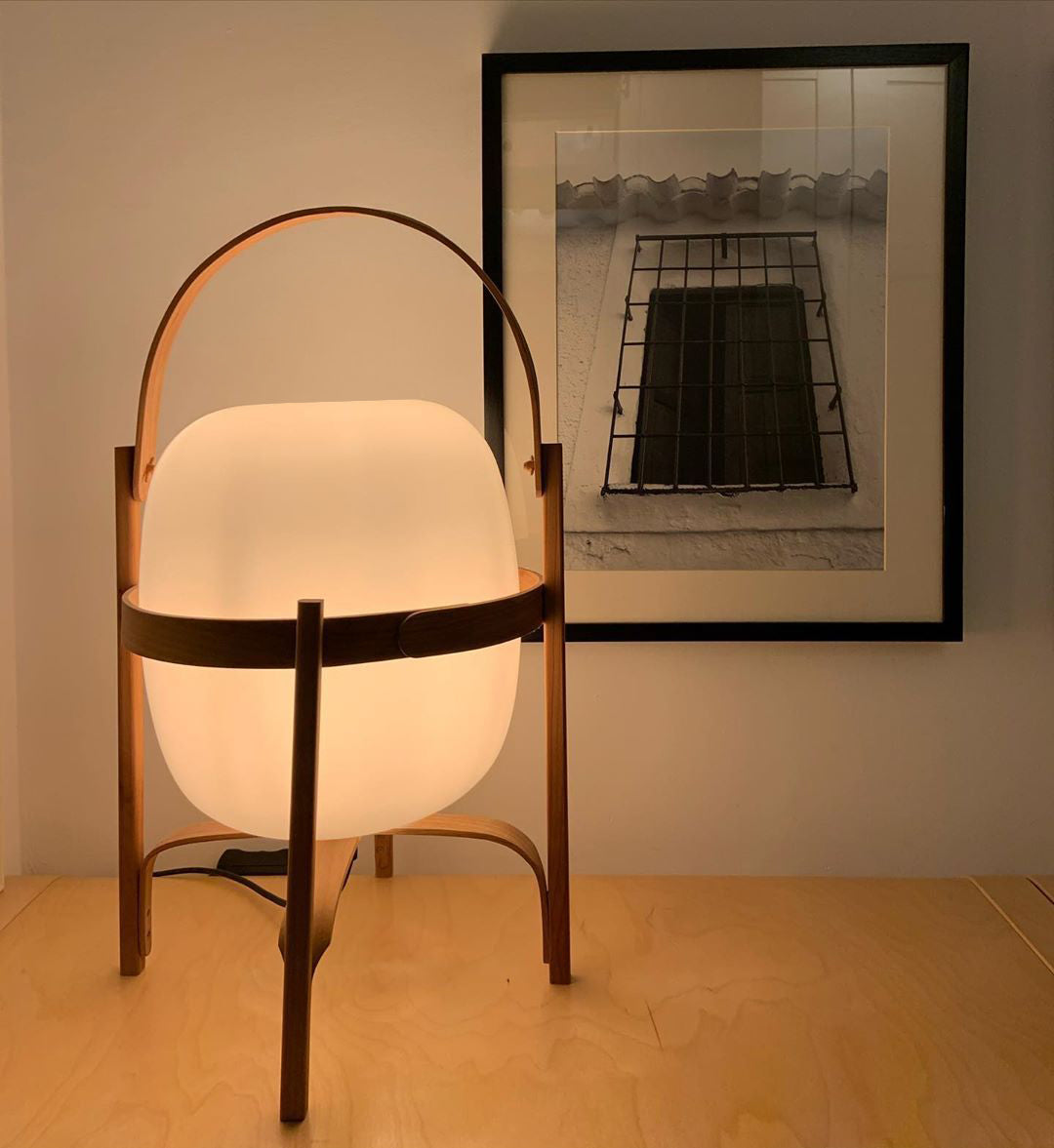 Modern Portable Glass Lantern Table Lamp with Wood Handle and Glass Shade for Ambient Lighting