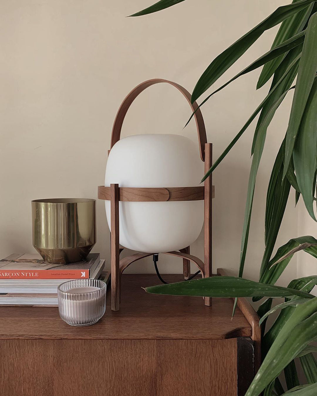 Modern Portable Glass Lantern Table Lamp with Wood Handle and Glass Shade for Ambient Lighting