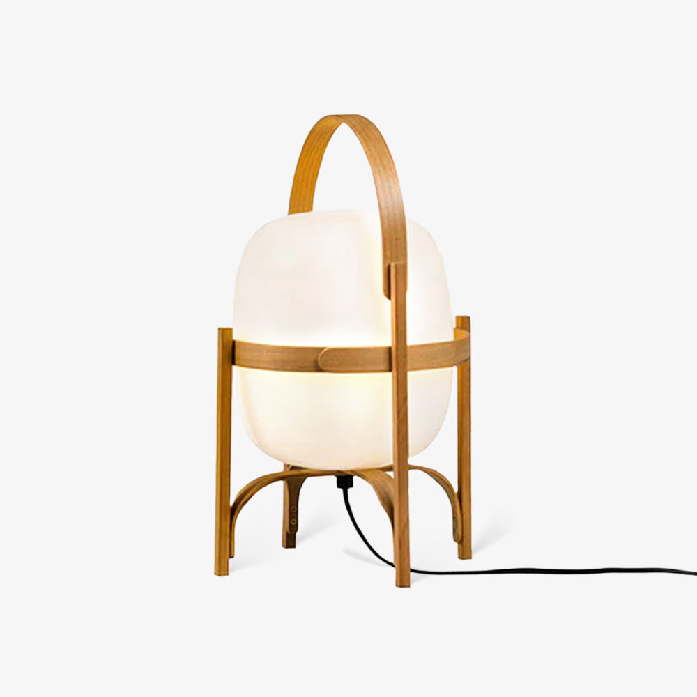 Modern Portable Glass Lantern Table Lamp with Wood Handle and Glass Shade for Ambient Lighting