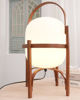 Modern Portable Glass Lantern Table Lamp with Wood Handle and Glass Shade for Ambient Lighting