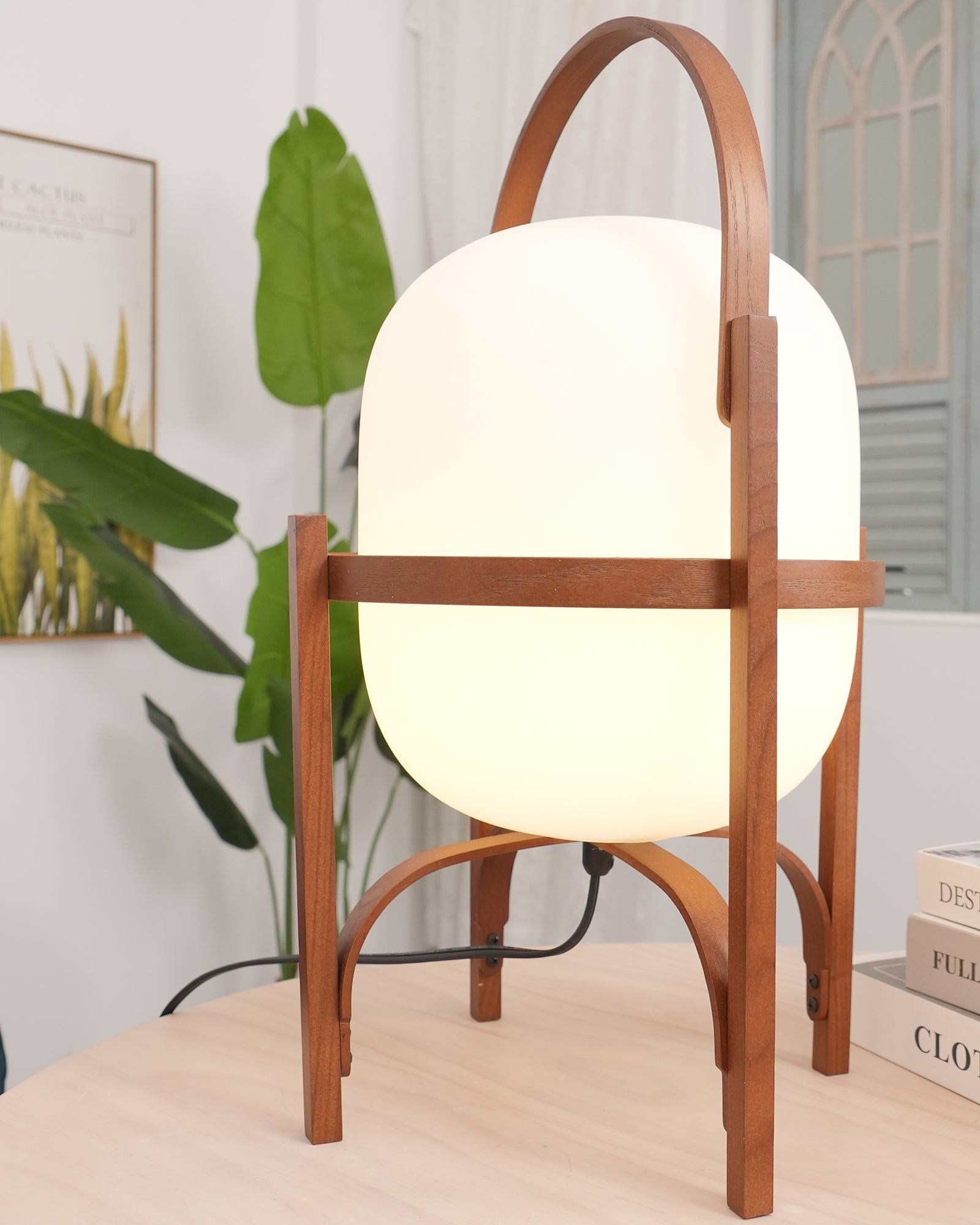 Modern Portable Glass Lantern Table Lamp with Wood Handle and Glass Shade for Ambient Lighting
