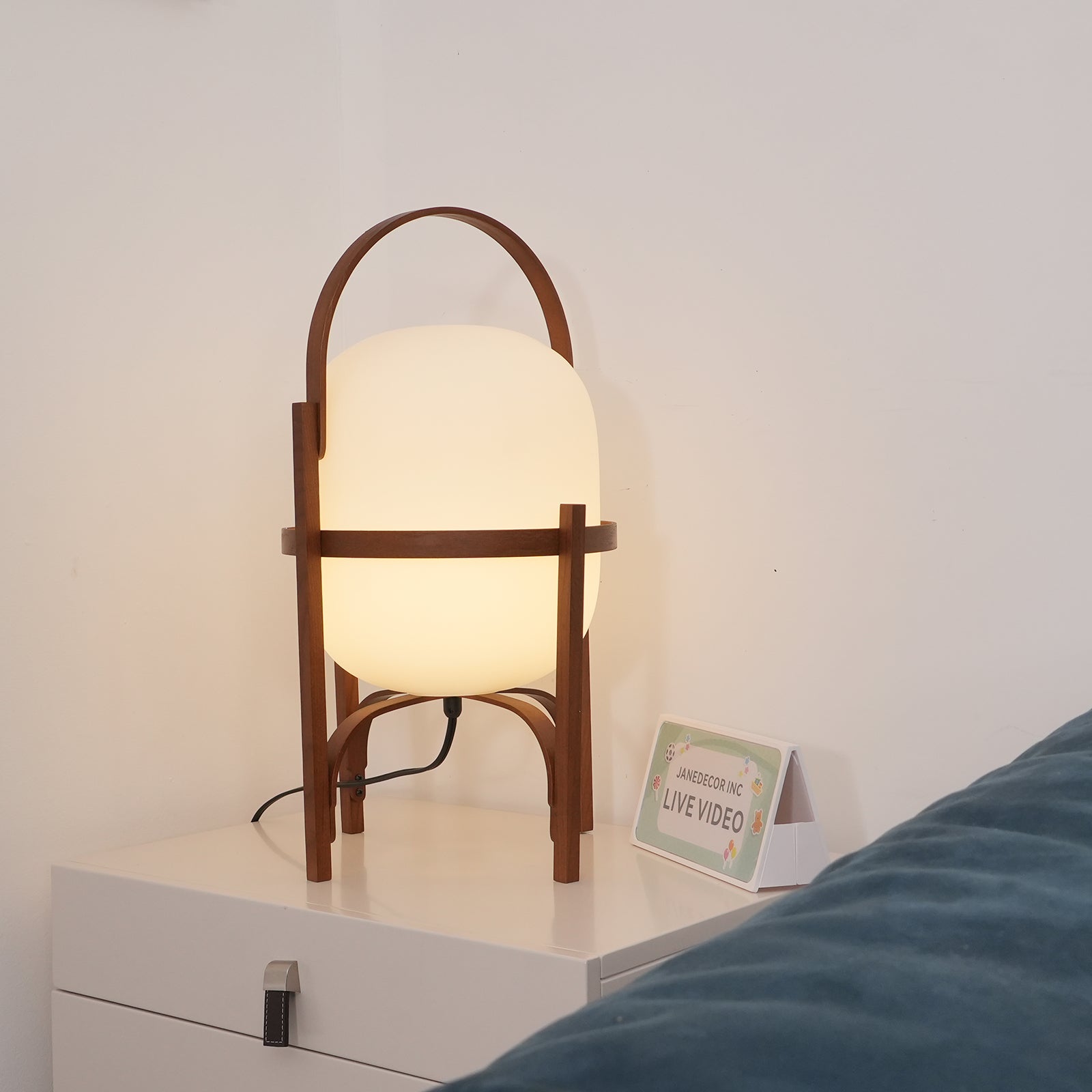 Modern Portable Glass Lantern Table Lamp with Wood Handle and Glass Shade for Ambient Lighting