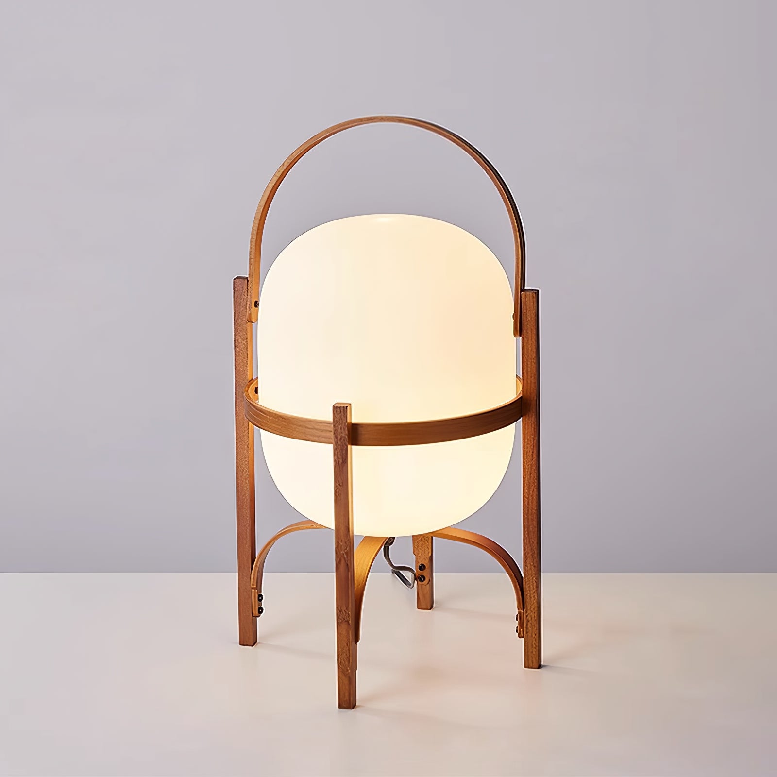 Modern Portable Glass Lantern Table Lamp with Wood Handle and Glass Shade for Ambient Lighting