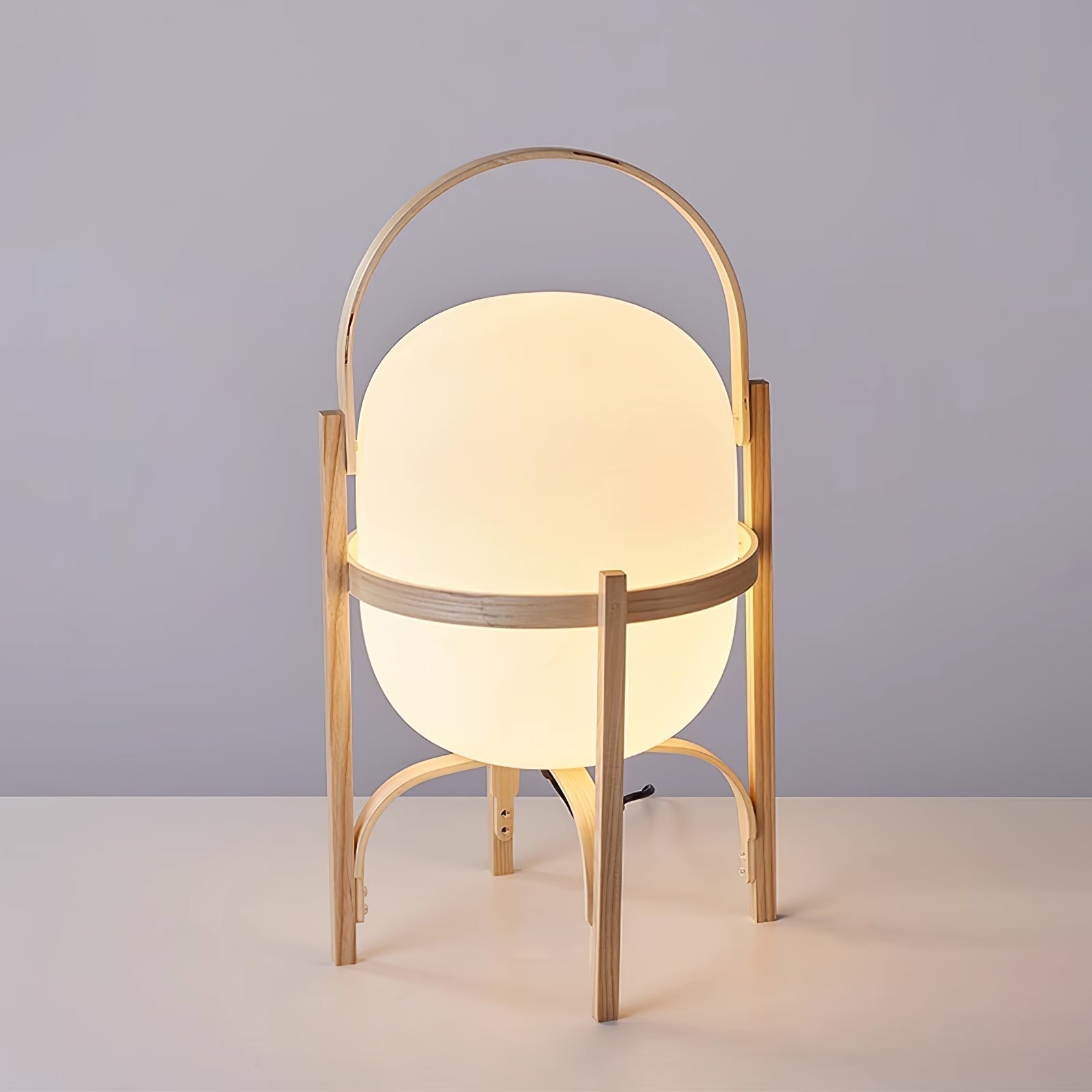 Modern Portable Glass Lantern Table Lamp with Wood Handle and Glass Shade for Ambient Lighting