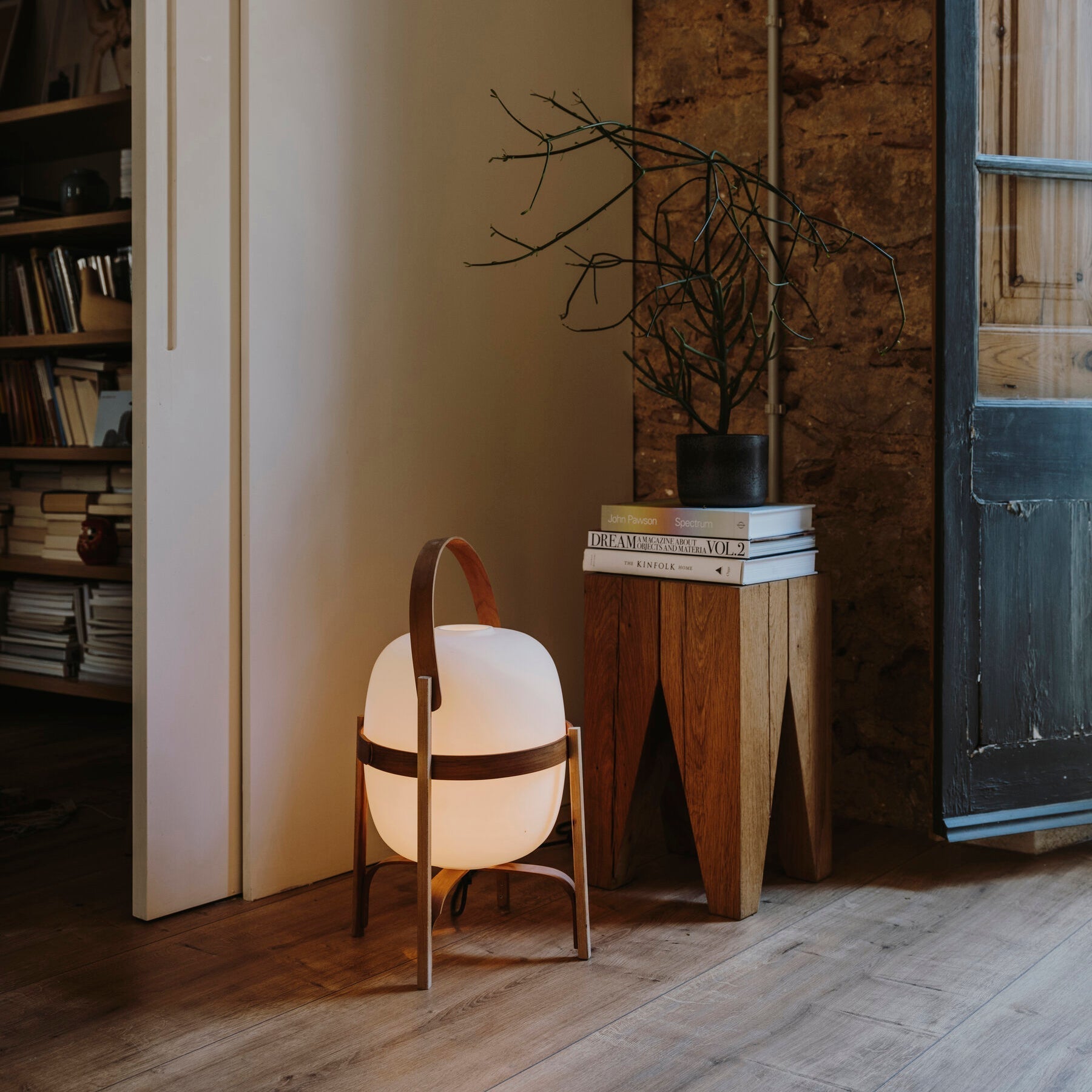 Modern Portable Glass Lantern Table Lamp with Wood Handle and Glass Shade for Ambient Lighting