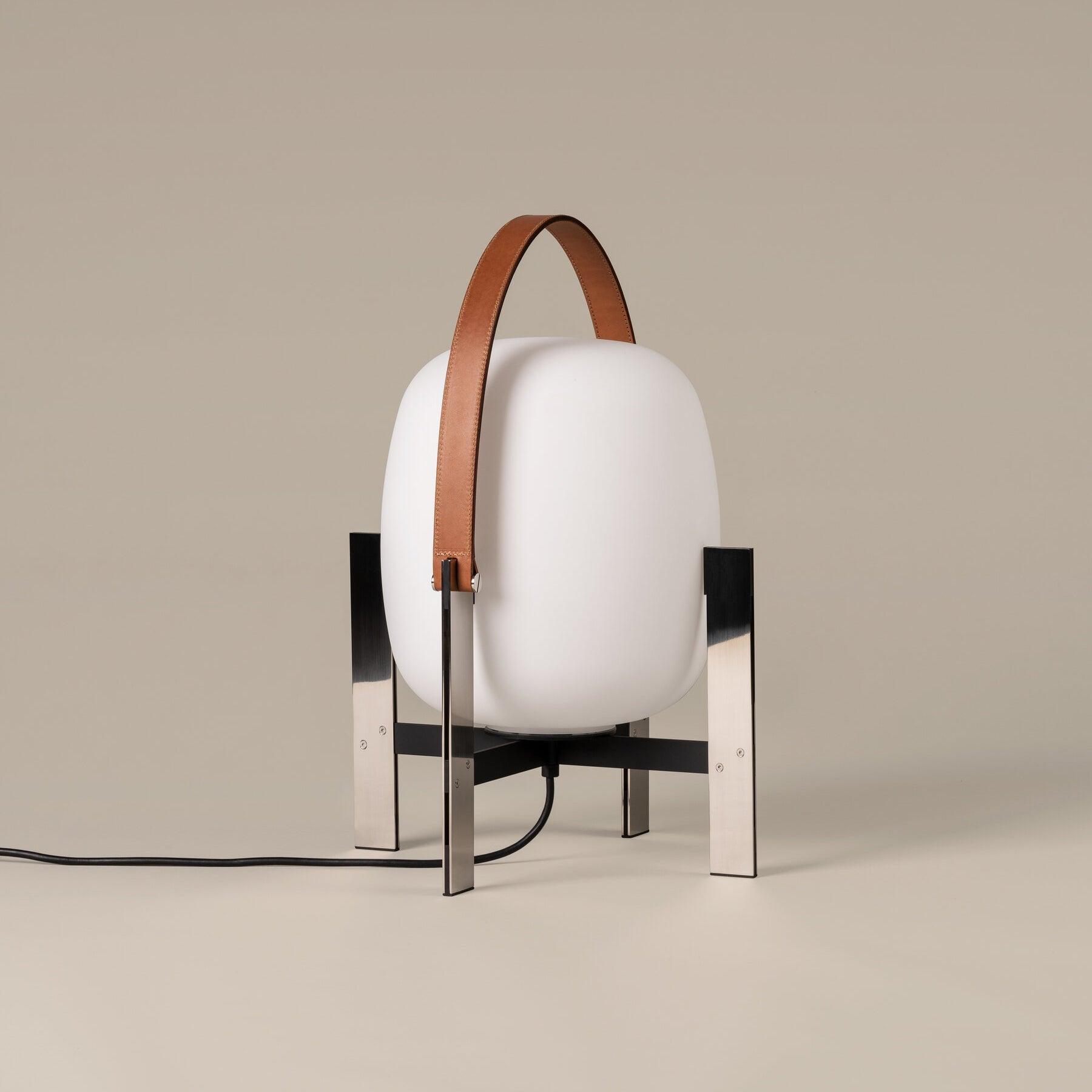 Modern Portable Lantern Table Lamp with Leather Handle and Opal Glass Globe for Bedside Lighting