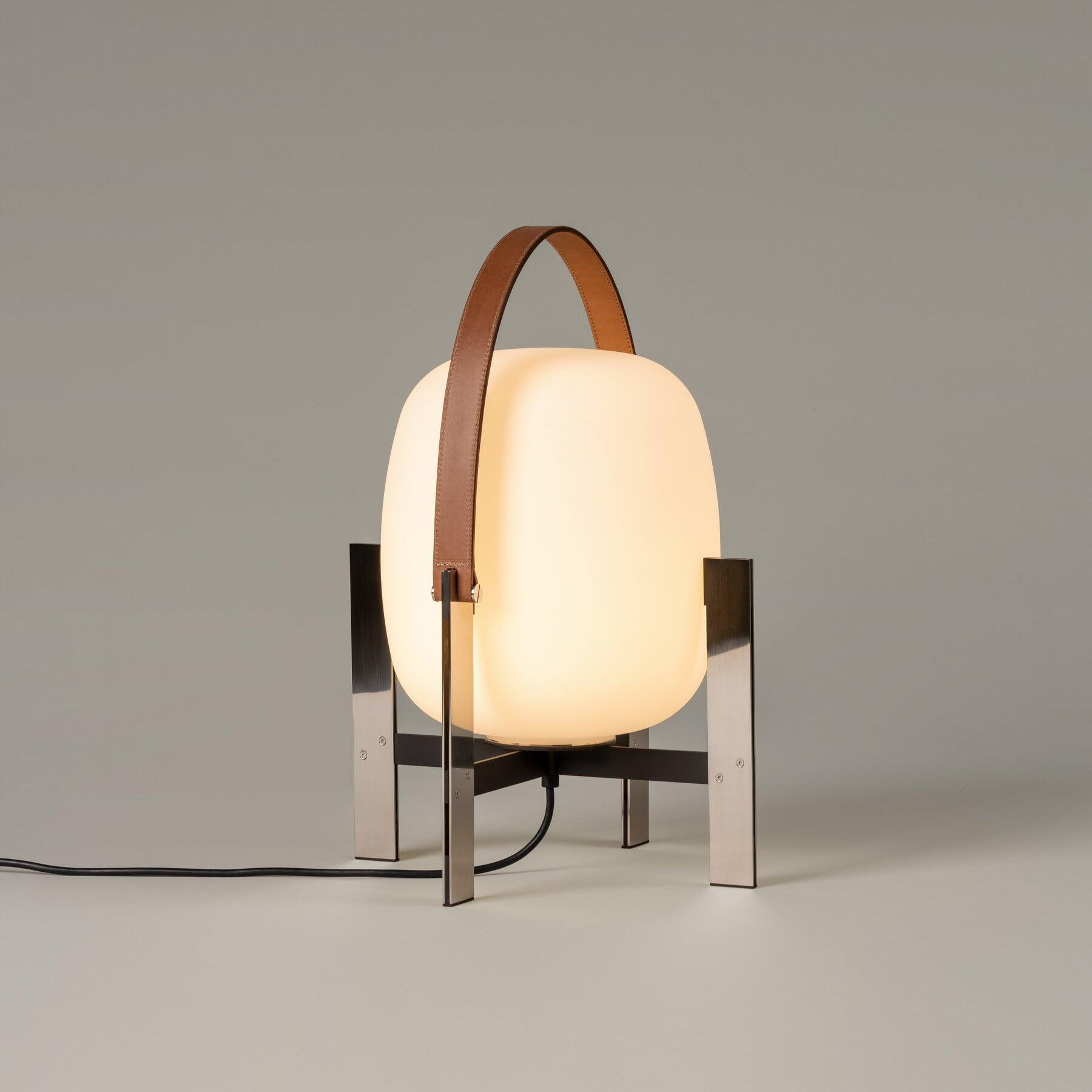 Modern Portable Lantern Table Lamp with Leather Handle and Opal Glass Globe for Bedside Lighting