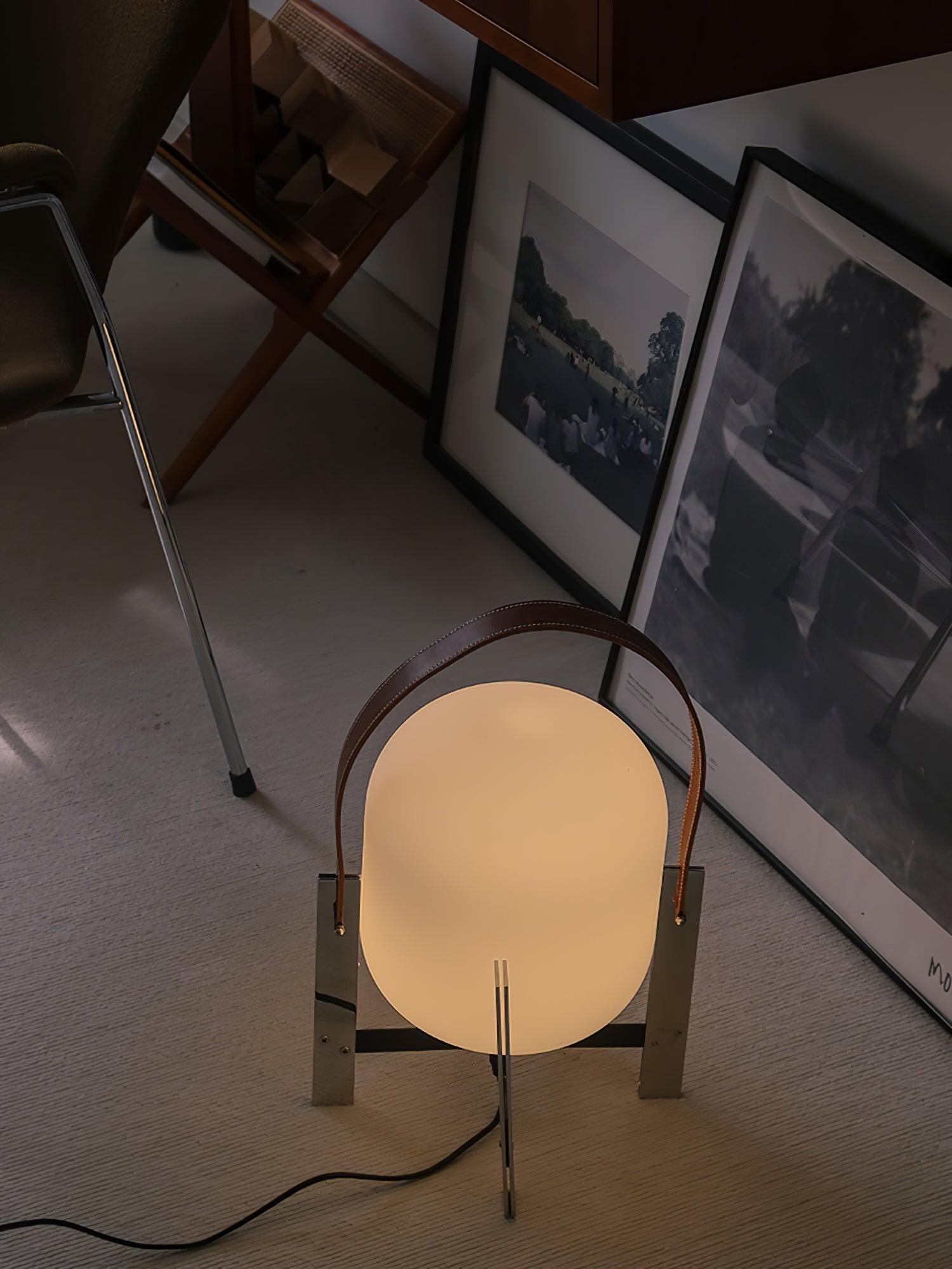 Modern Portable Lantern Table Lamp with Leather Handle and Opal Glass Globe for Bedside Lighting