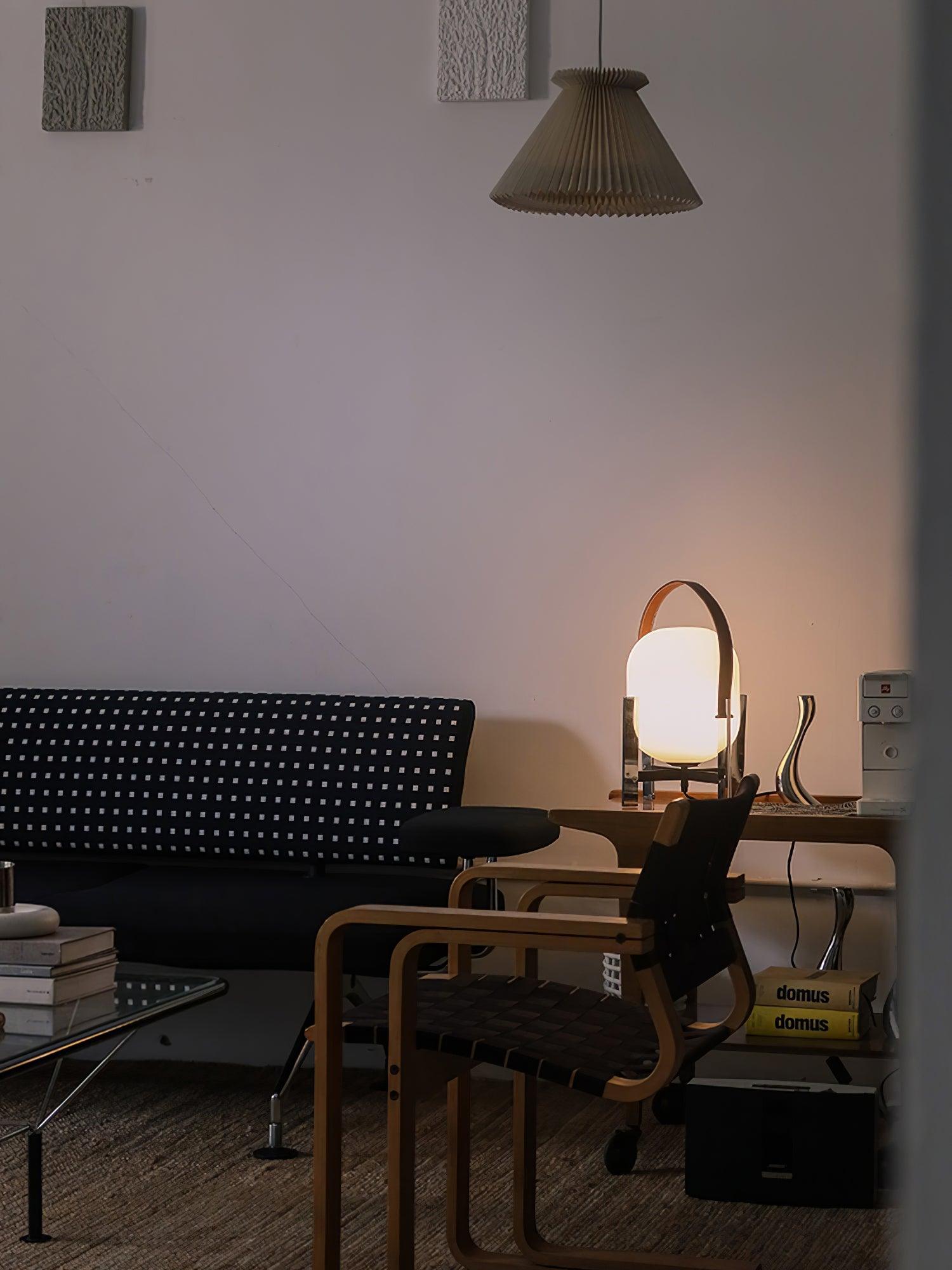 Modern Portable Lantern Table Lamp with Leather Handle and Opal Glass Globe for Bedside Lighting