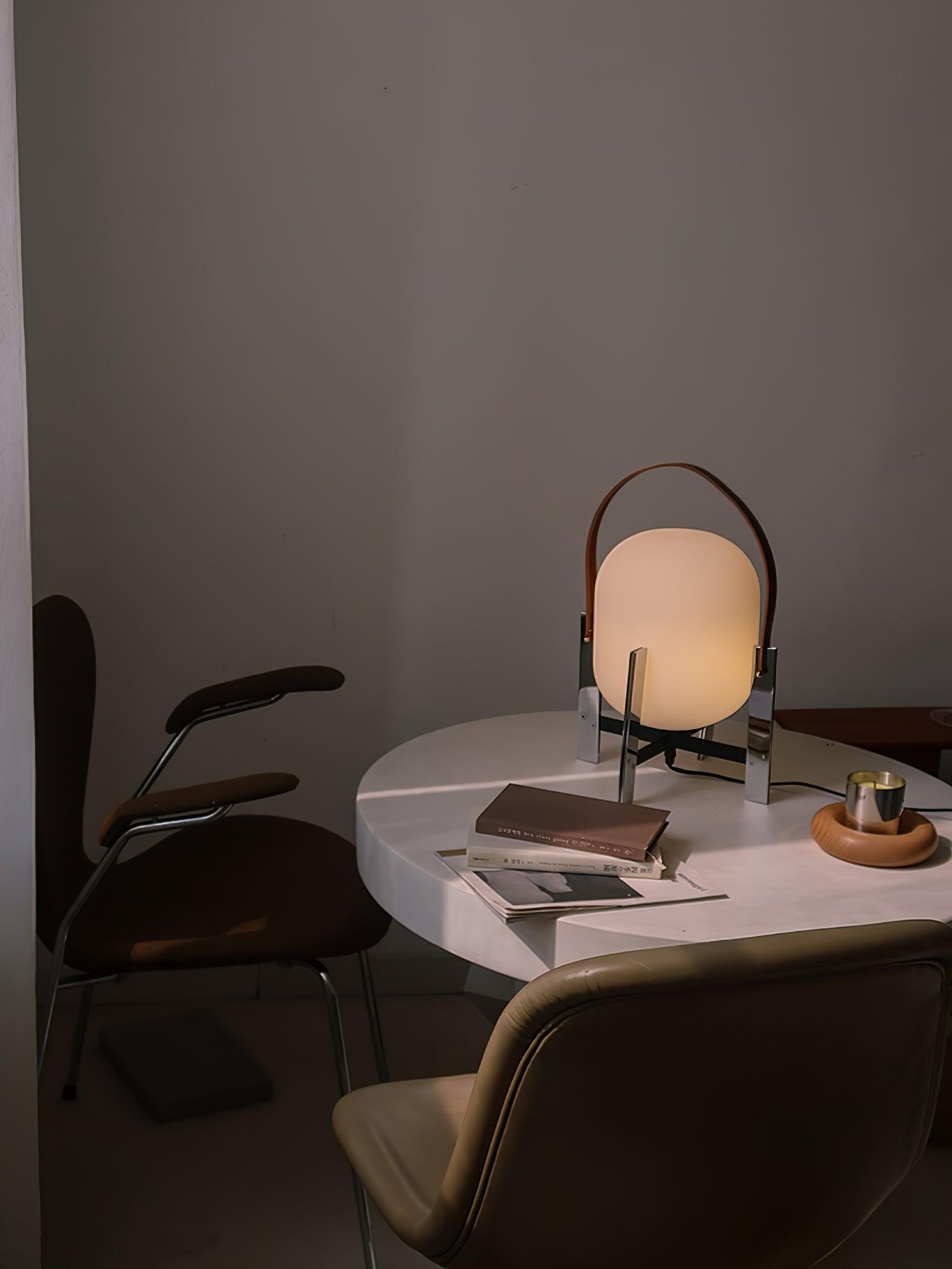 Modern Portable Lantern Table Lamp with Leather Handle and Opal Glass Globe for Bedside Lighting